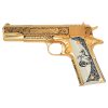 Colt 1911 Government, 45ACP, Classic Scroll Design, 24K All Gold Plated, New Engraved White Polymer Ivory Grips