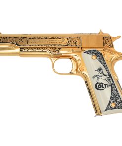 Colt 1911 Government, 45ACP, Classic Scroll Design, 24K All Gold Plated, New Engraved White Polymer Ivory Grips