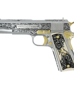 Colt 1911 Government, 38 Super, Scroll Design With Diamonds, High Polish Stainless Steel With 24 karat Gold Accents