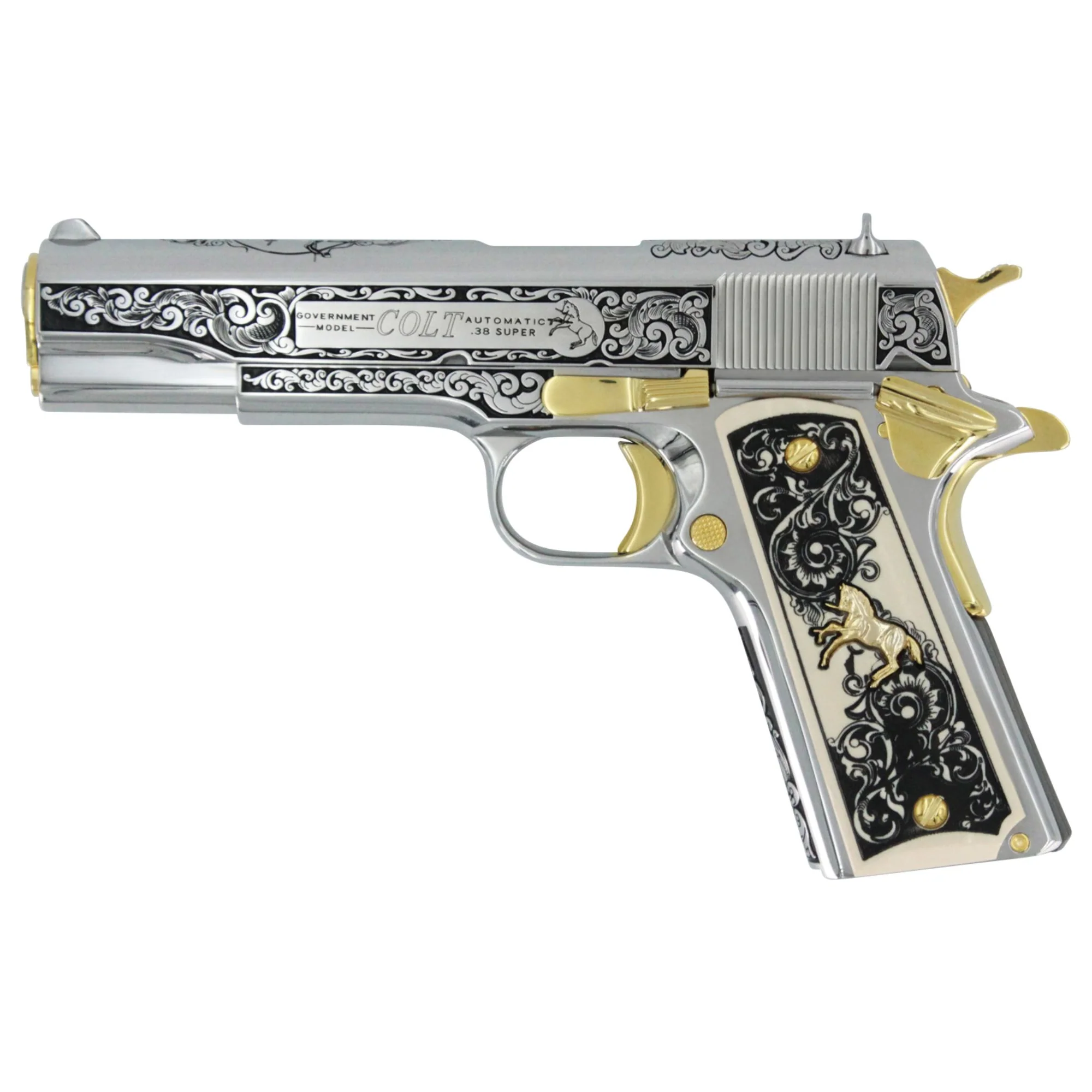 Colt 1911 Government, 38 Super, Scroll Design With Diamonds, High Polish Stainless Steel With 24 karat Gold Accents