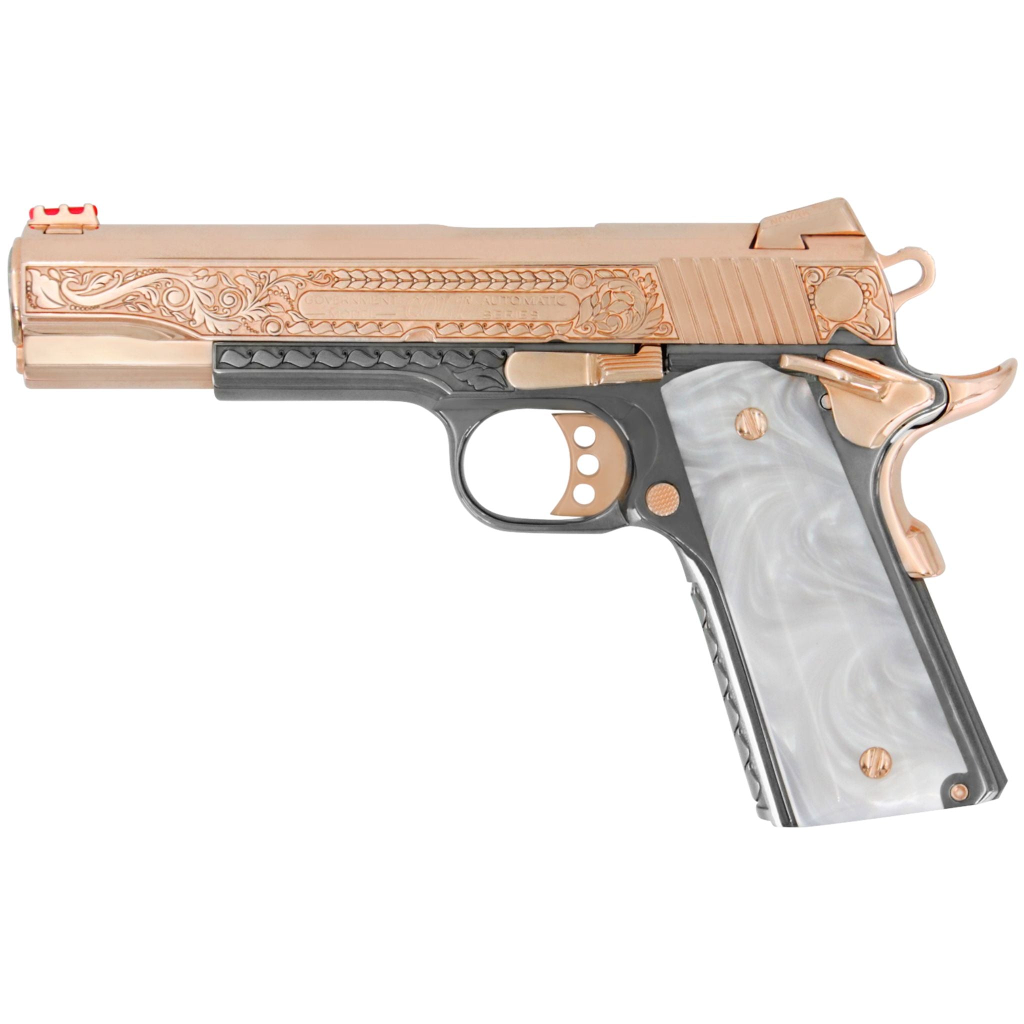 1911 Colt Competition 45 ACP, Scroll Design, 18K Rose Gold Plated & Black Chrome - Gold Sight