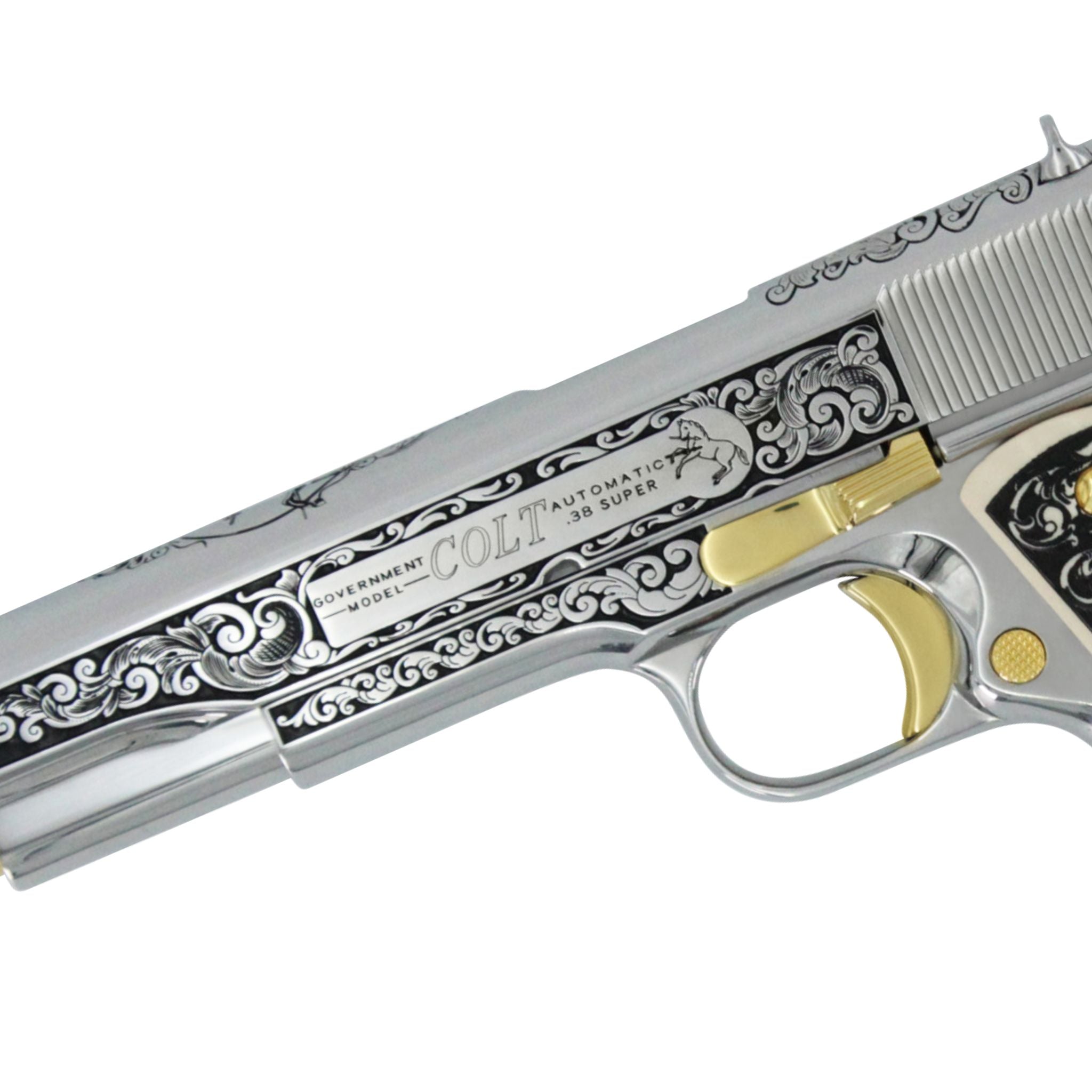 Colt 1911 Government, 38 Super, Scroll Design With Diamonds, High Polish Stainless Steel With 24 karat Gold Accents - Image 3
