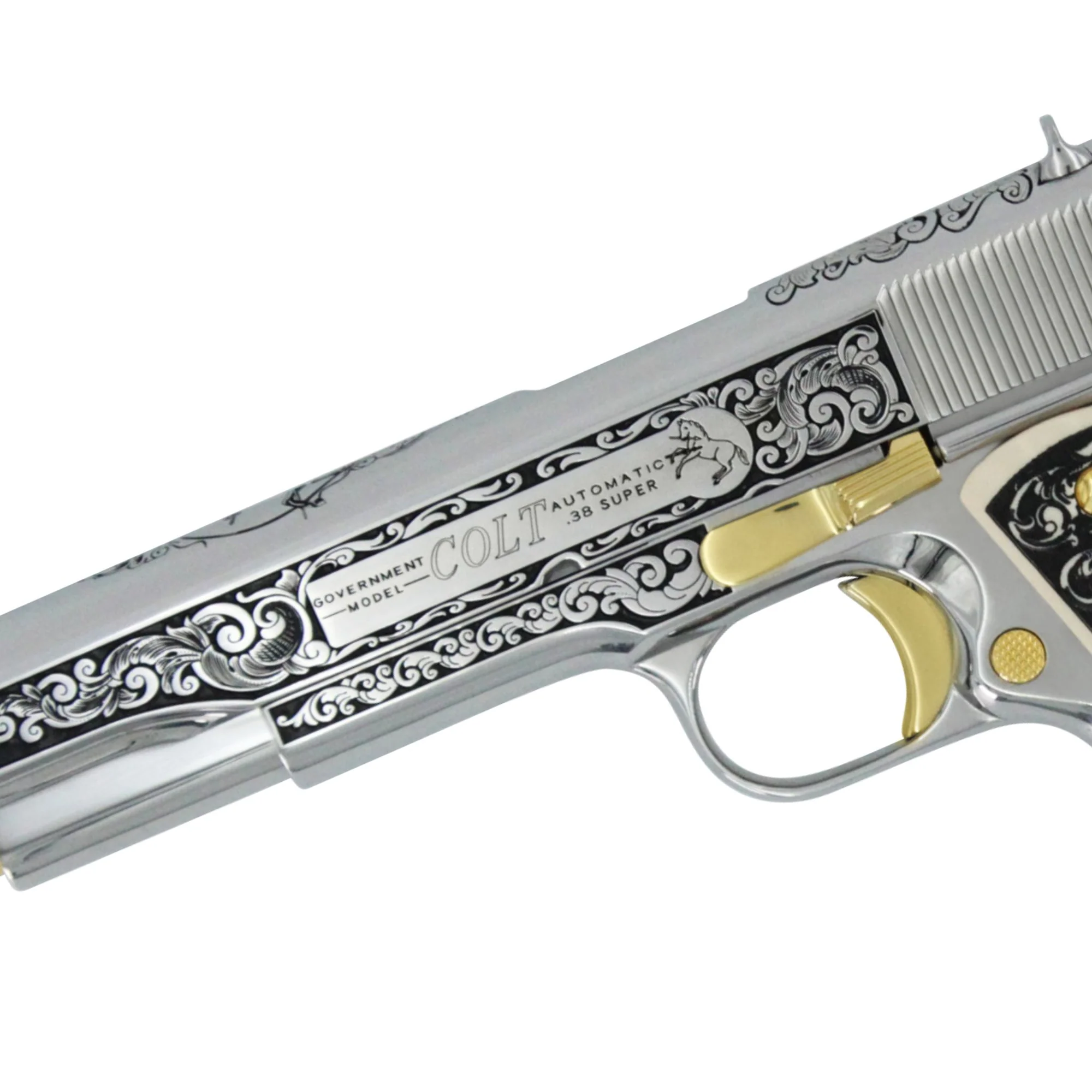 Colt 1911 Government, 38 Super, Scroll Design With Diamonds, High Polish Stainless Steel With 24 karat Gold Accents - Image 5