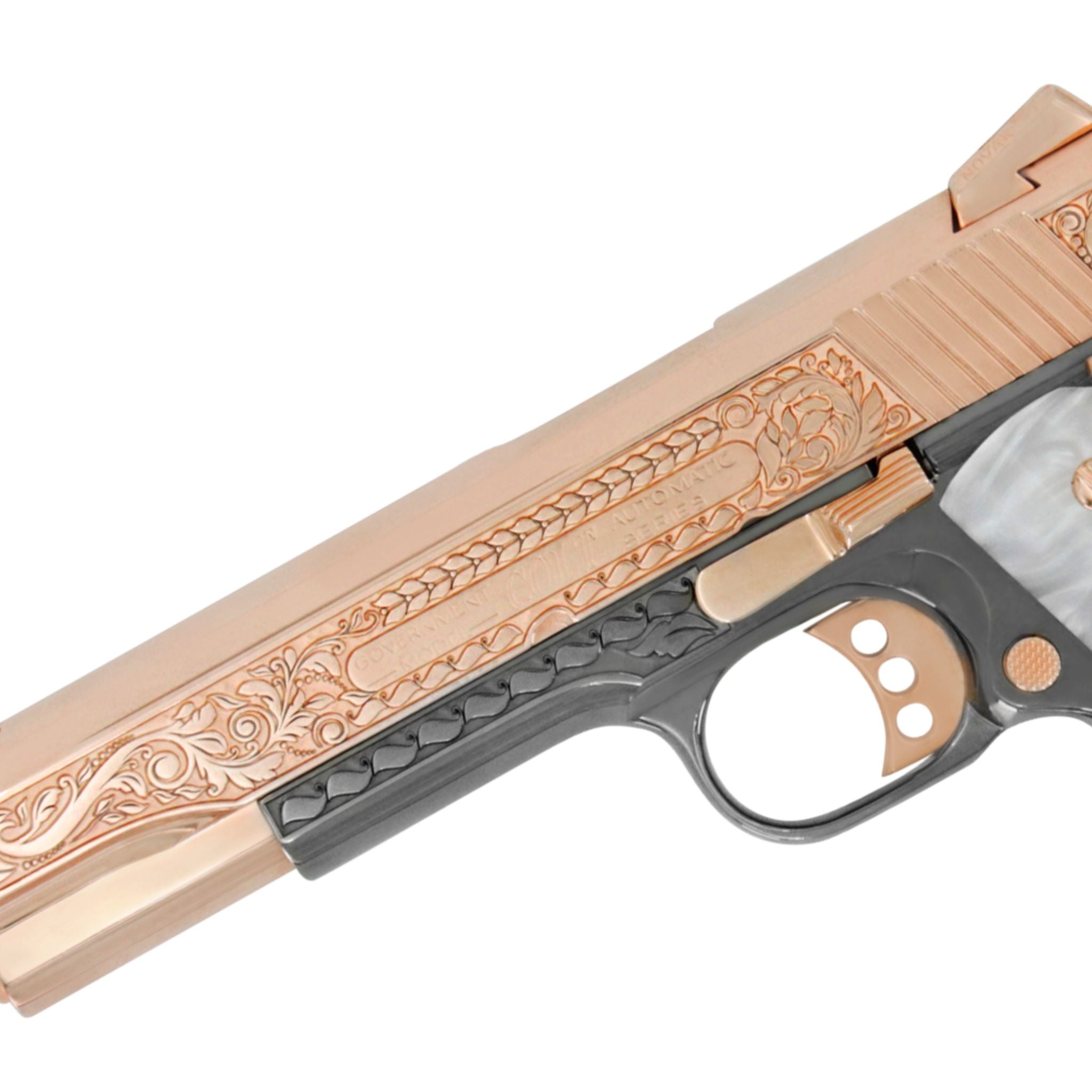 1911 Colt Competition 45 ACP, Scroll Design, 18K Rose Gold Plated & Black Chrome - Gold Sight - Image 2