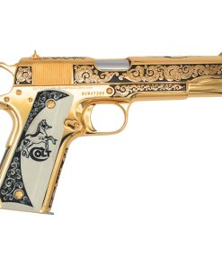 Alternative view of Colt 1911 Government, 45ACP, Classic Scroll Design, 24K All Gold Plated, New Engraved White Polymer Ivory Grips