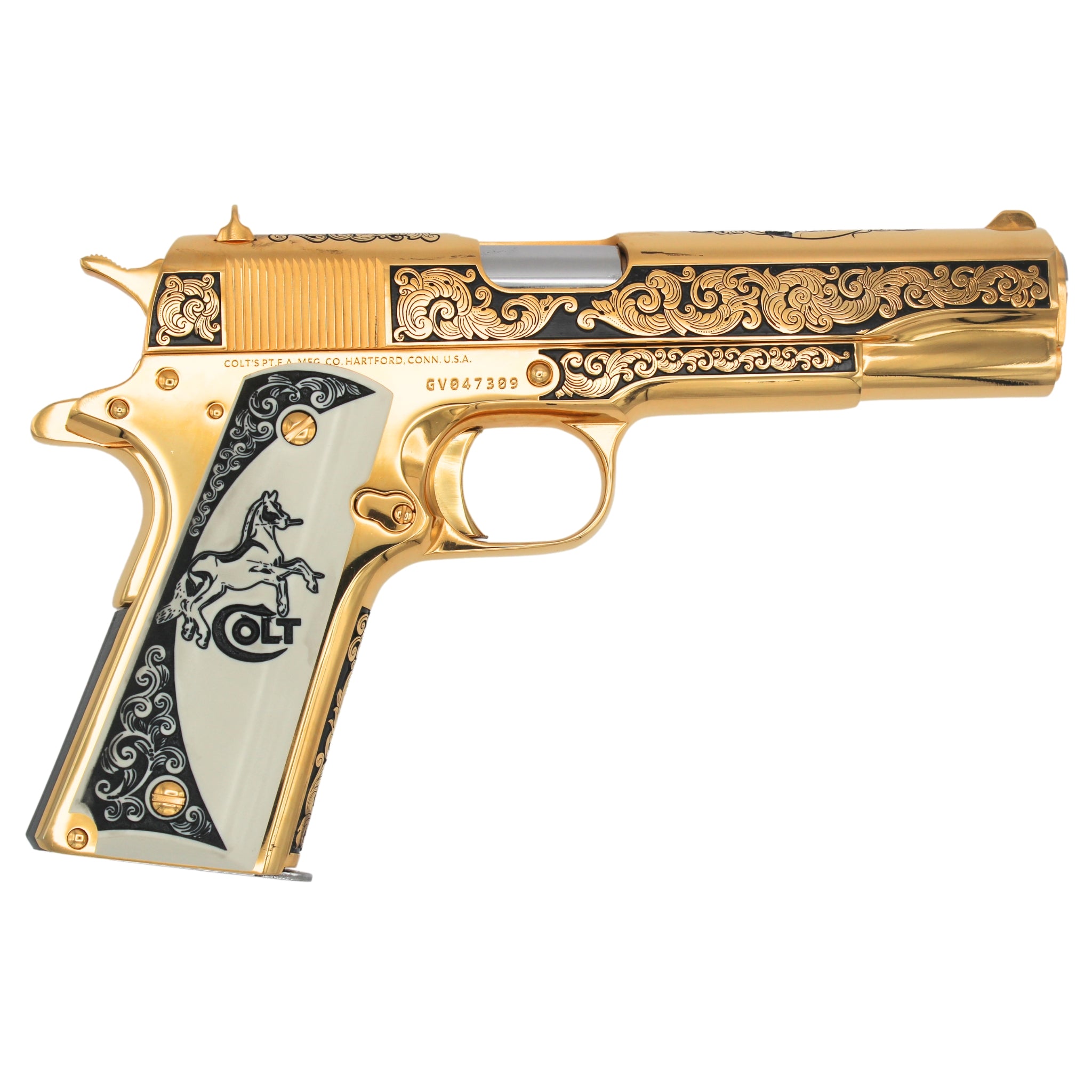 Colt 1911 Government, 45ACP, Classic Scroll Design, 24K All Gold Plated, New Engraved White Polymer Ivory Grips - Image 2