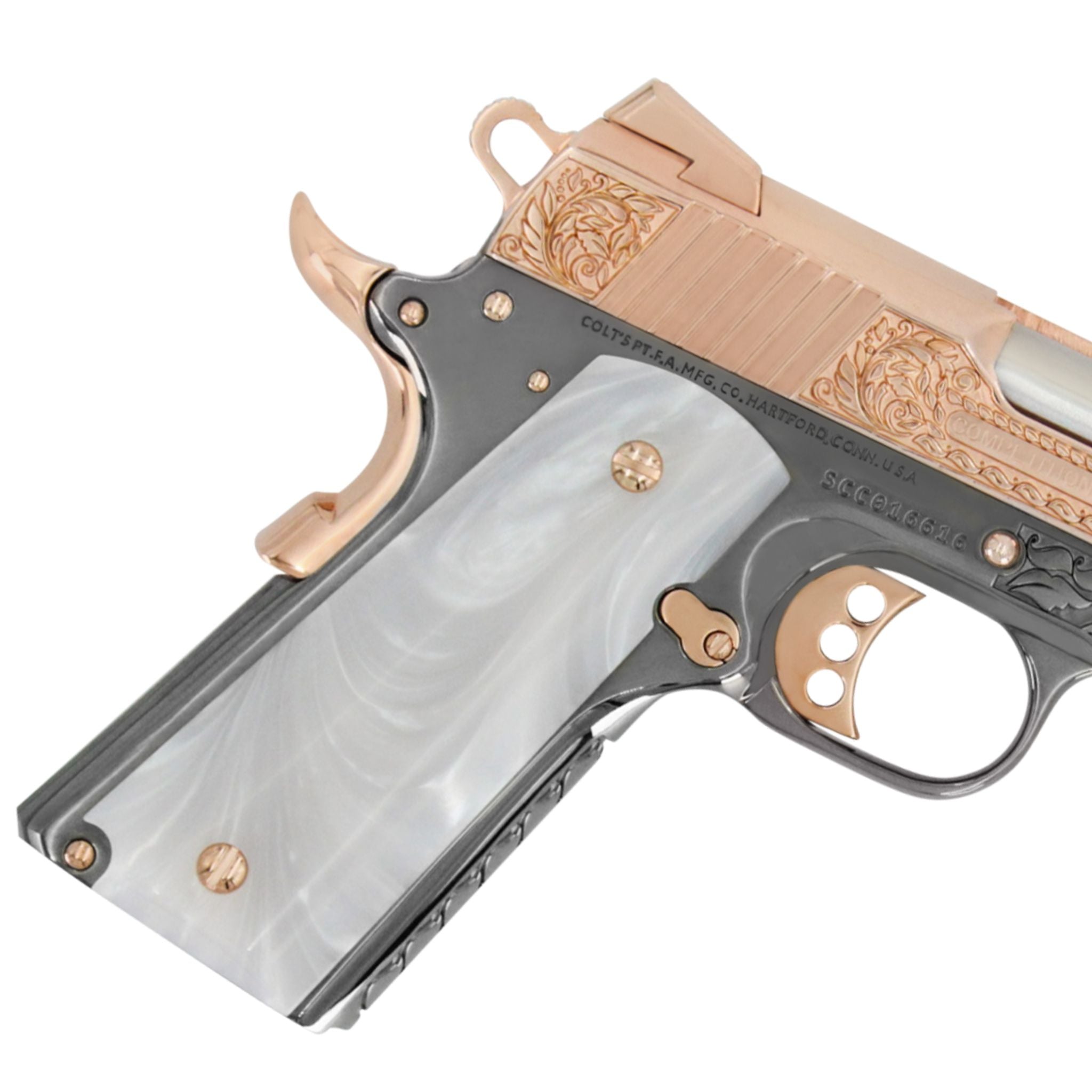 1911 Colt Competition 45 ACP, Scroll Design, 18K Rose Gold Plated & Black Chrome - Gold Sight - Image 3