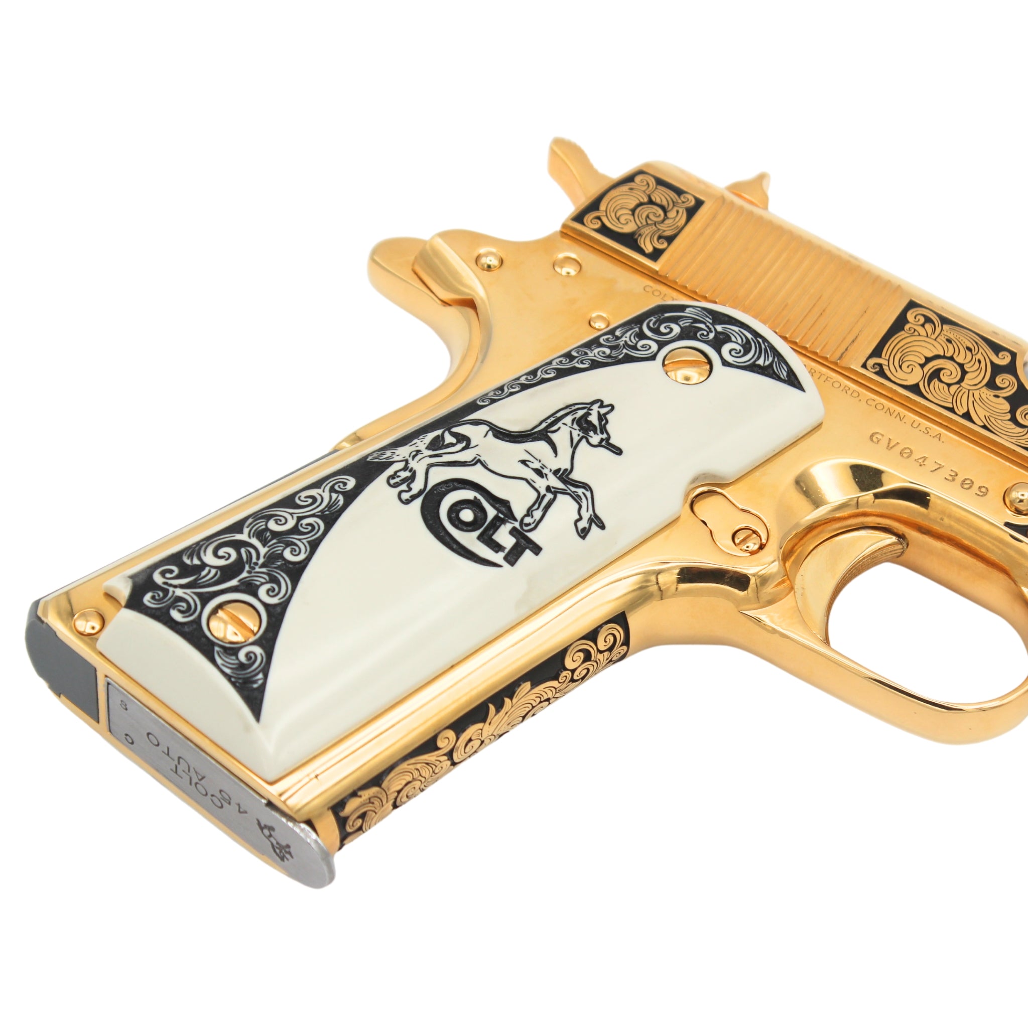 Colt 1911 Government, 45ACP, Classic Scroll Design, 24K All Gold Plated, New Engraved White Polymer Ivory Grips - Image 4