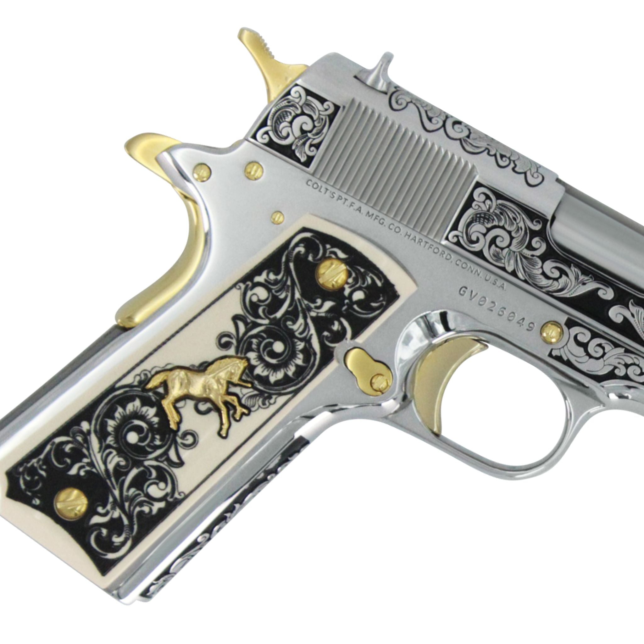 Colt 1911 Government, 38 Super, Scroll Design With Diamonds, High Polish Stainless Steel With 24 karat Gold Accents - Image 4