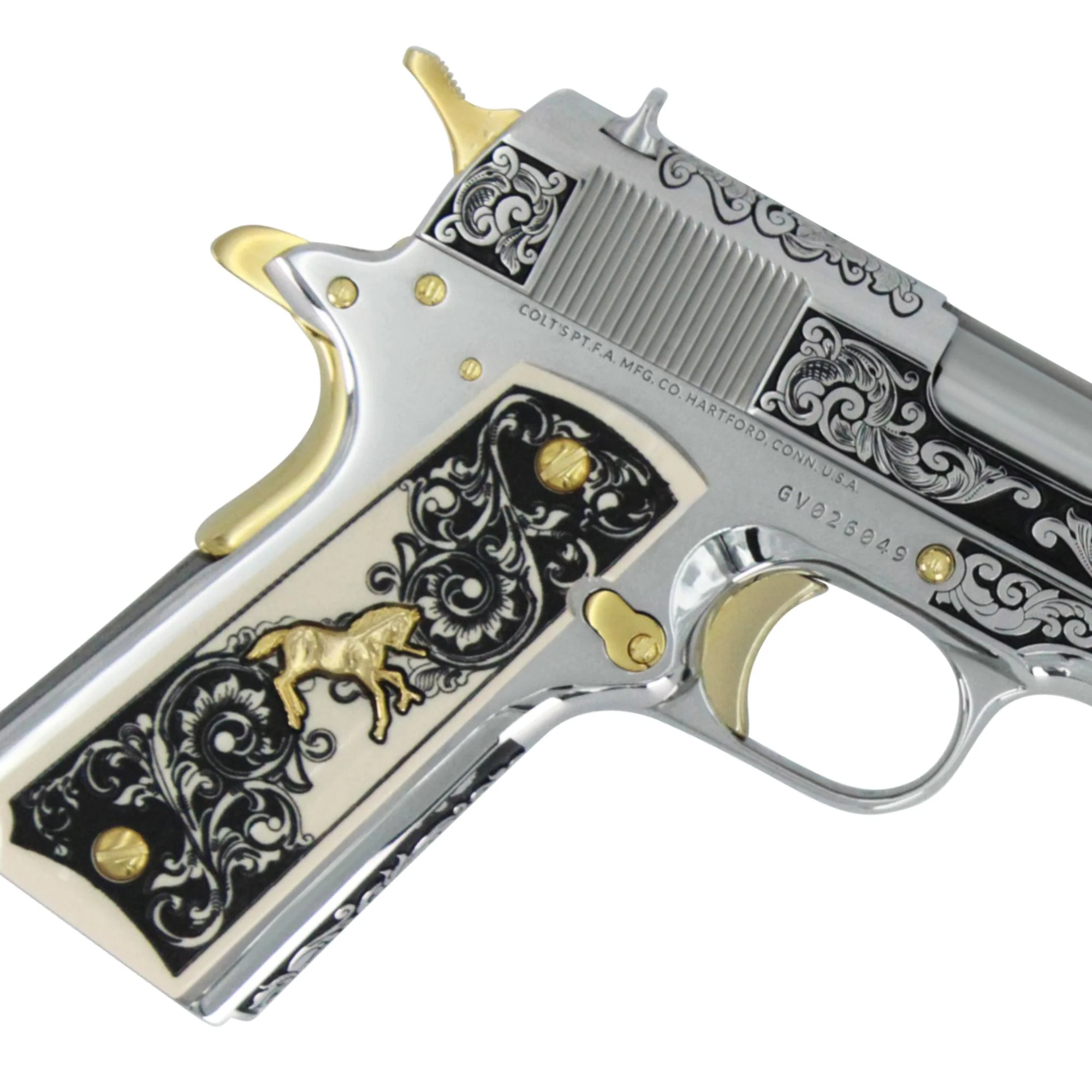 Colt 1911 Government, 38 Super, Scroll Design With Diamonds, High Polish Stainless Steel With 24 karat Gold Accents - Image 4