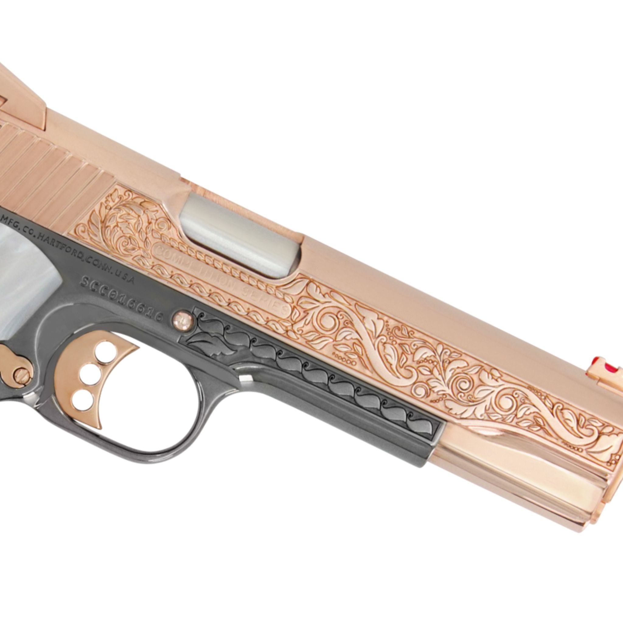1911 Colt Competition 45 ACP, Scroll Design, 18K Rose Gold Plated & Black Chrome - Gold Sight - Image 4