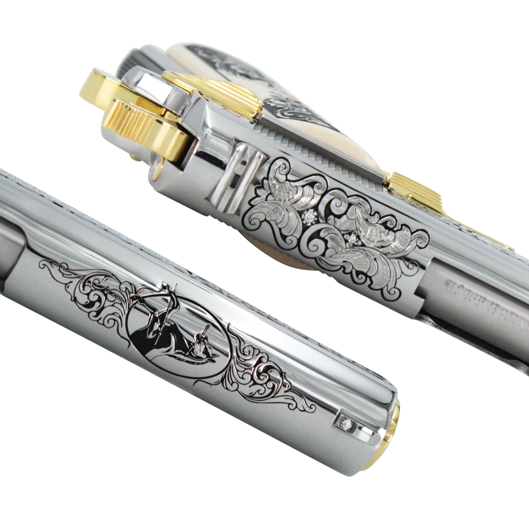 Colt 1911 Government, 38 Super, Scroll Design With Diamonds, High Polish Stainless Steel With 24 karat Gold Accents - Image 5