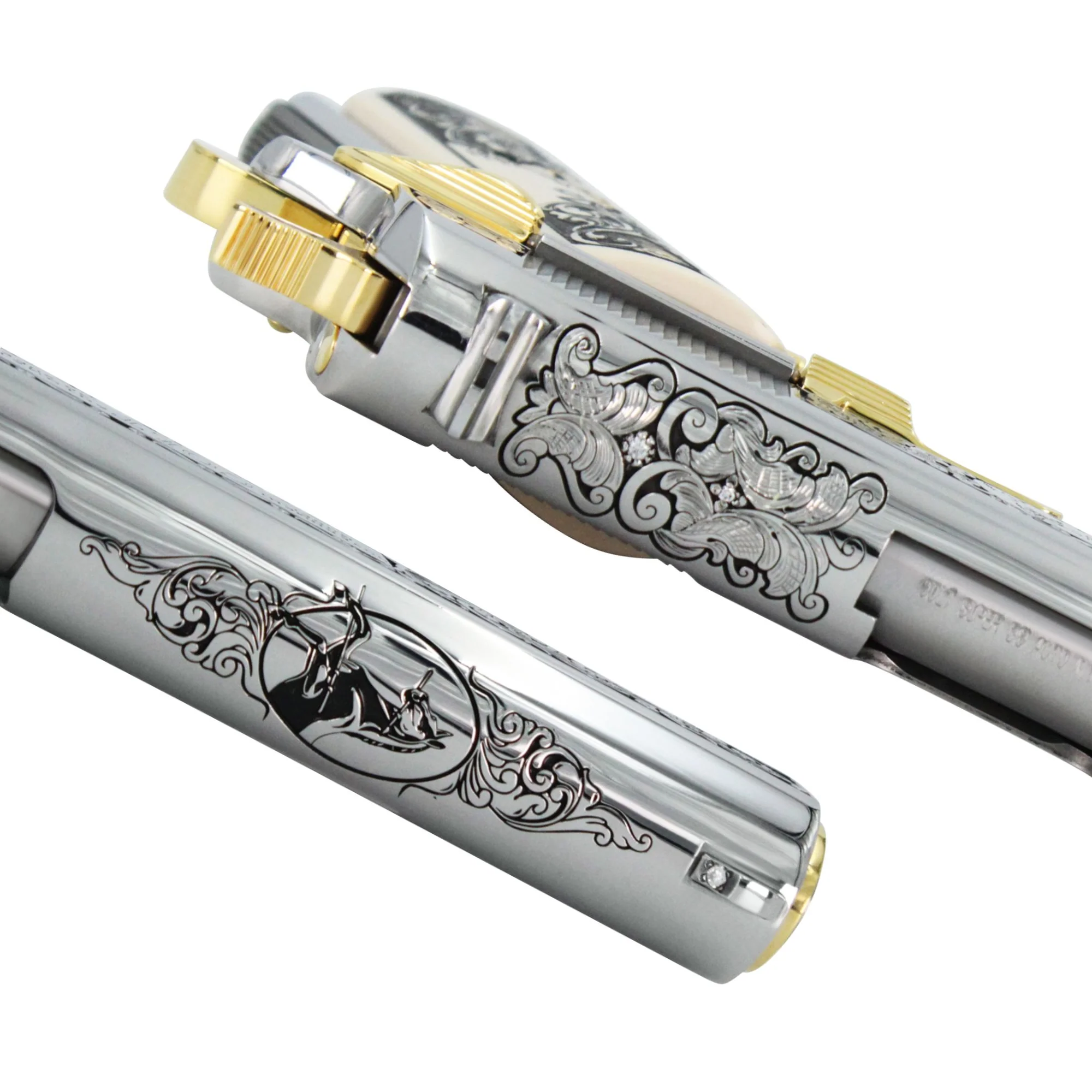 Colt 1911 Government, 38 Super, Scroll Design With Diamonds, High Polish Stainless Steel With 24 karat Gold Accents - Image 3