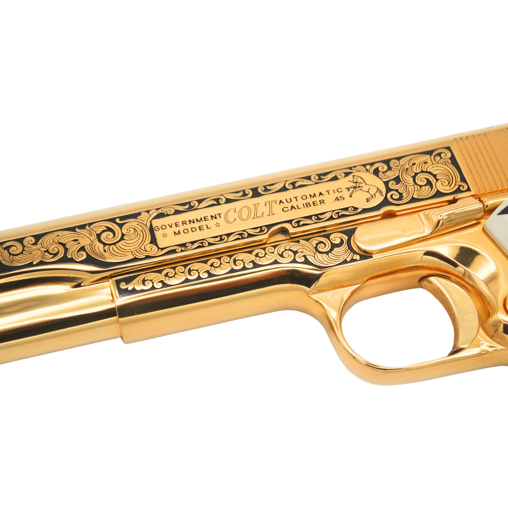 Colt 1911 Government, 45ACP, Classic Scroll Design, 24K All Gold Plated, New Engraved White Polymer Ivory Grips - Image 3