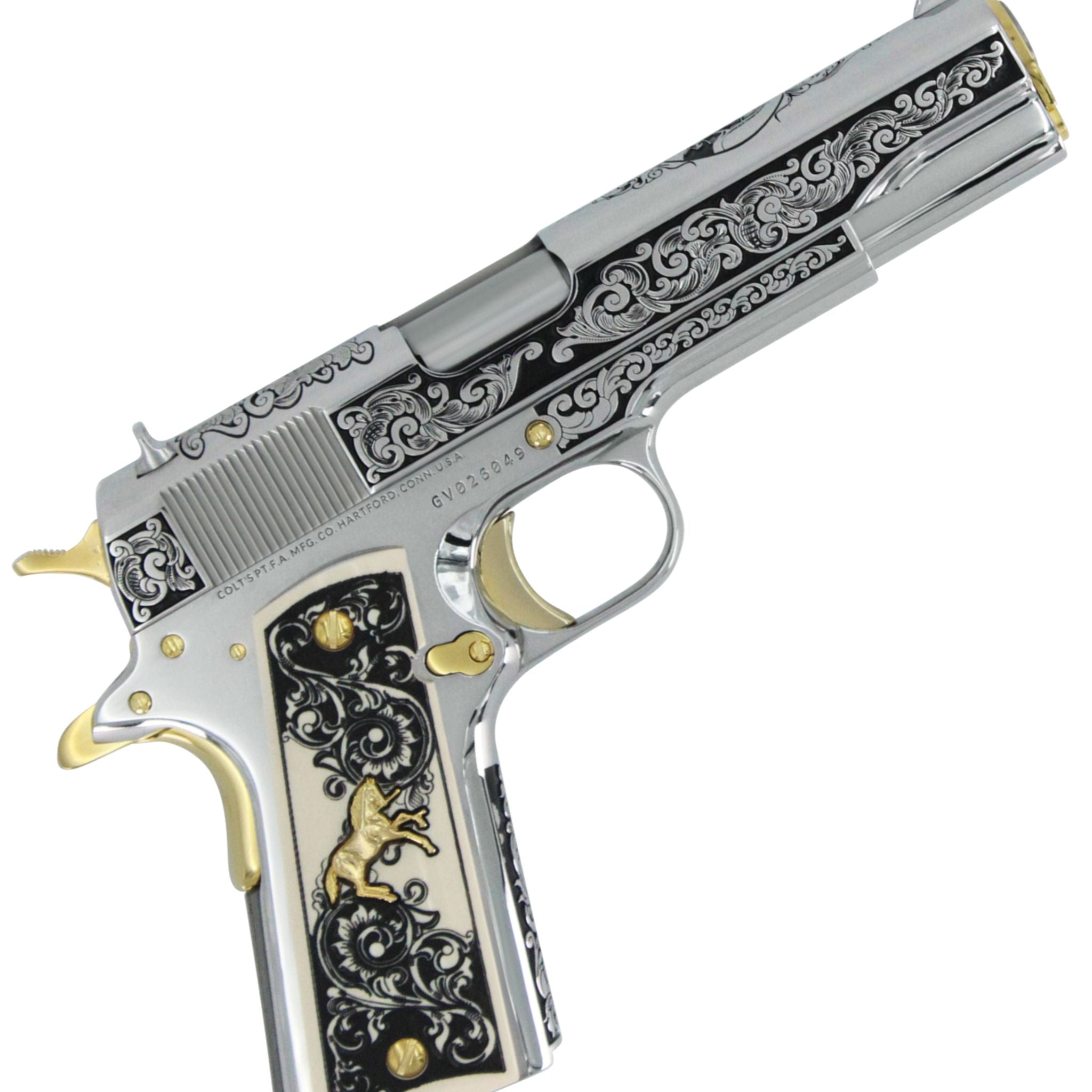 Colt 1911 Government, 38 Super, Scroll Design With Diamonds, High Polish Stainless Steel With 24 karat Gold Accents - Image 2