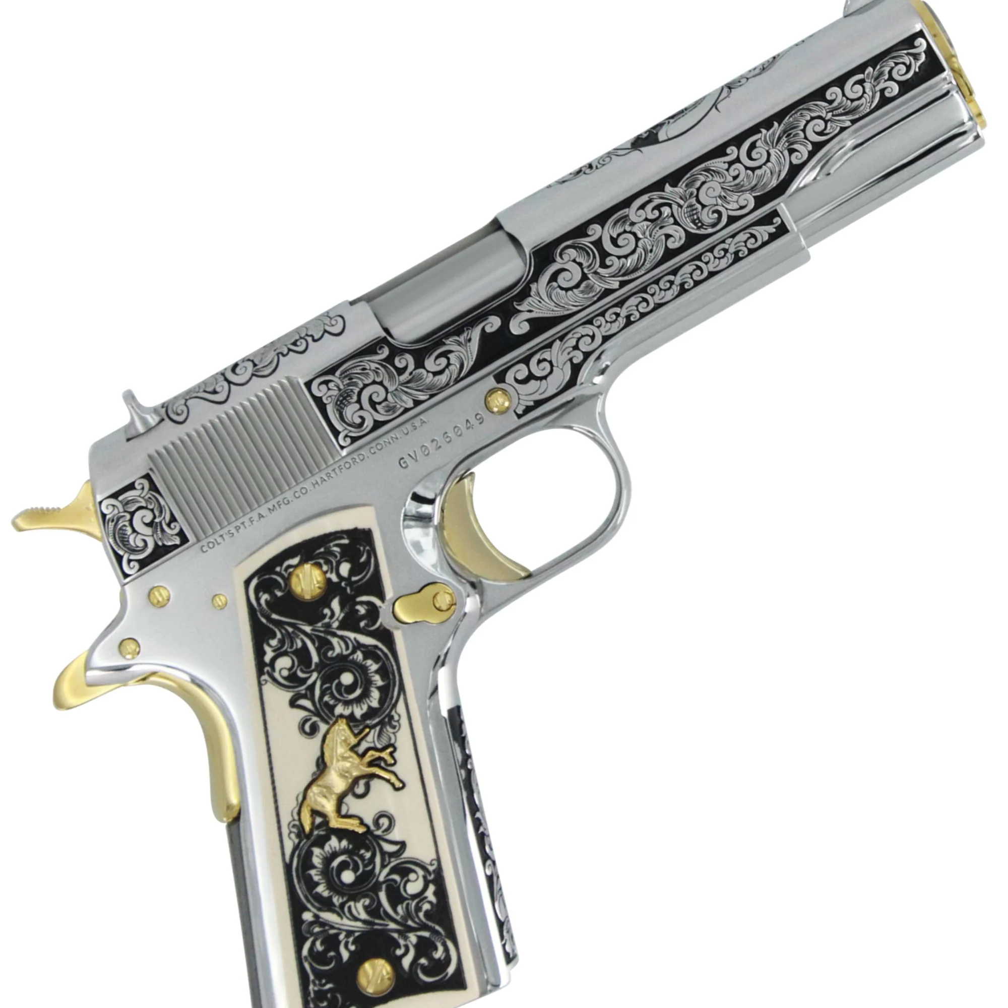 Colt 1911 Government, 38 Super, Scroll Design With Diamonds, High Polish Stainless Steel With 24 karat Gold Accents - Image 6