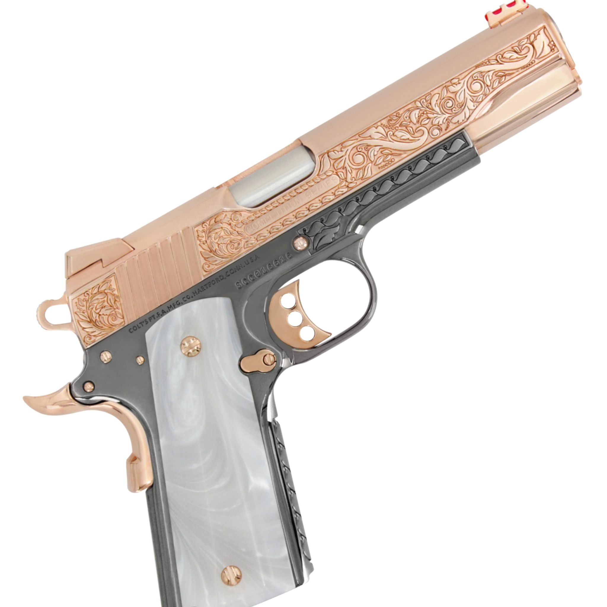 1911 Colt Competition 45 ACP, Scroll Design, 18K Rose Gold Plated & Black Chrome - Gold Sight - Image 5