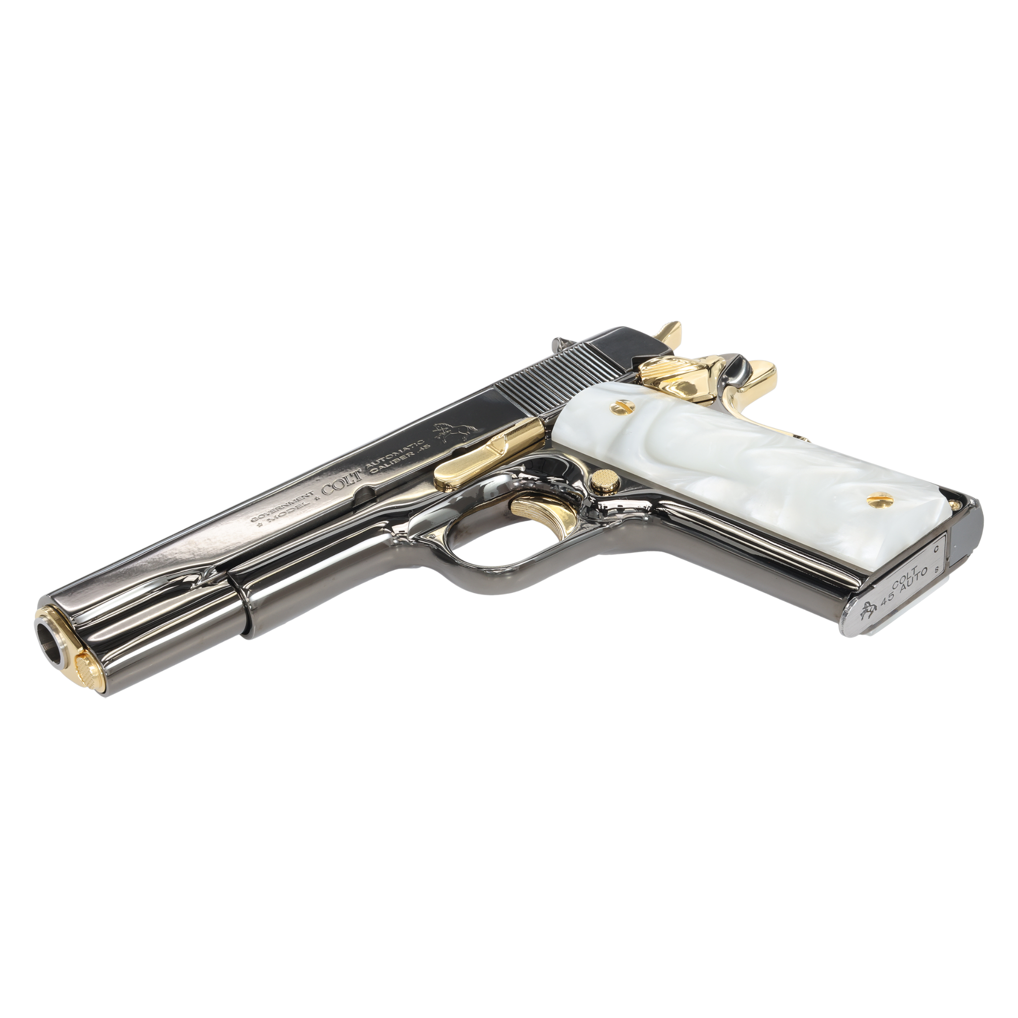 COLT 1911 Government, 45ACP, Mirror Finish Black Chrome with 24K Gold Plated Accents, White Pearlized-Polymer Grips - Image 3