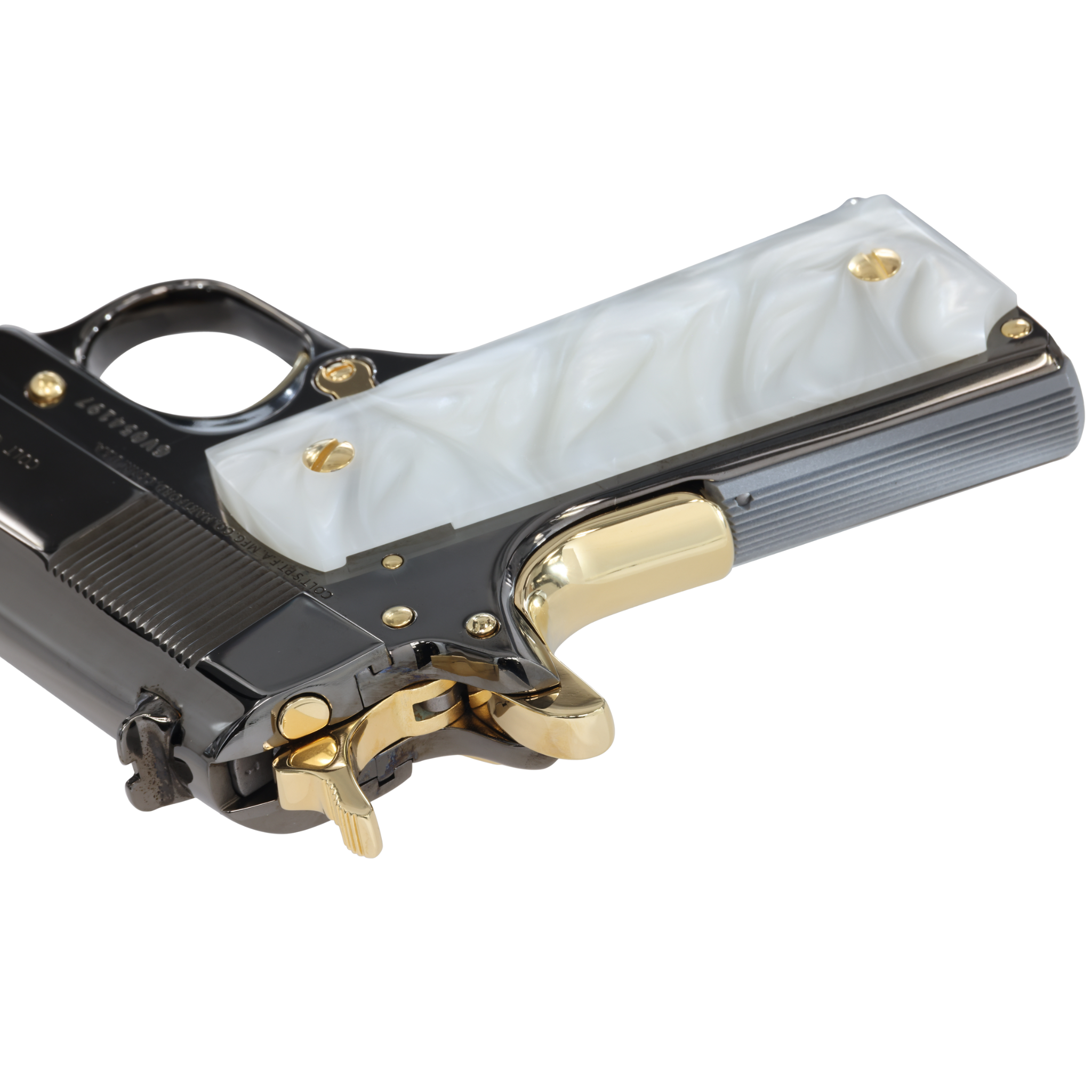 COLT 1911 Government, 45ACP, Mirror Finish Black Chrome with 24K Gold Plated Accents, White Pearlized-Polymer Grips - Image 4