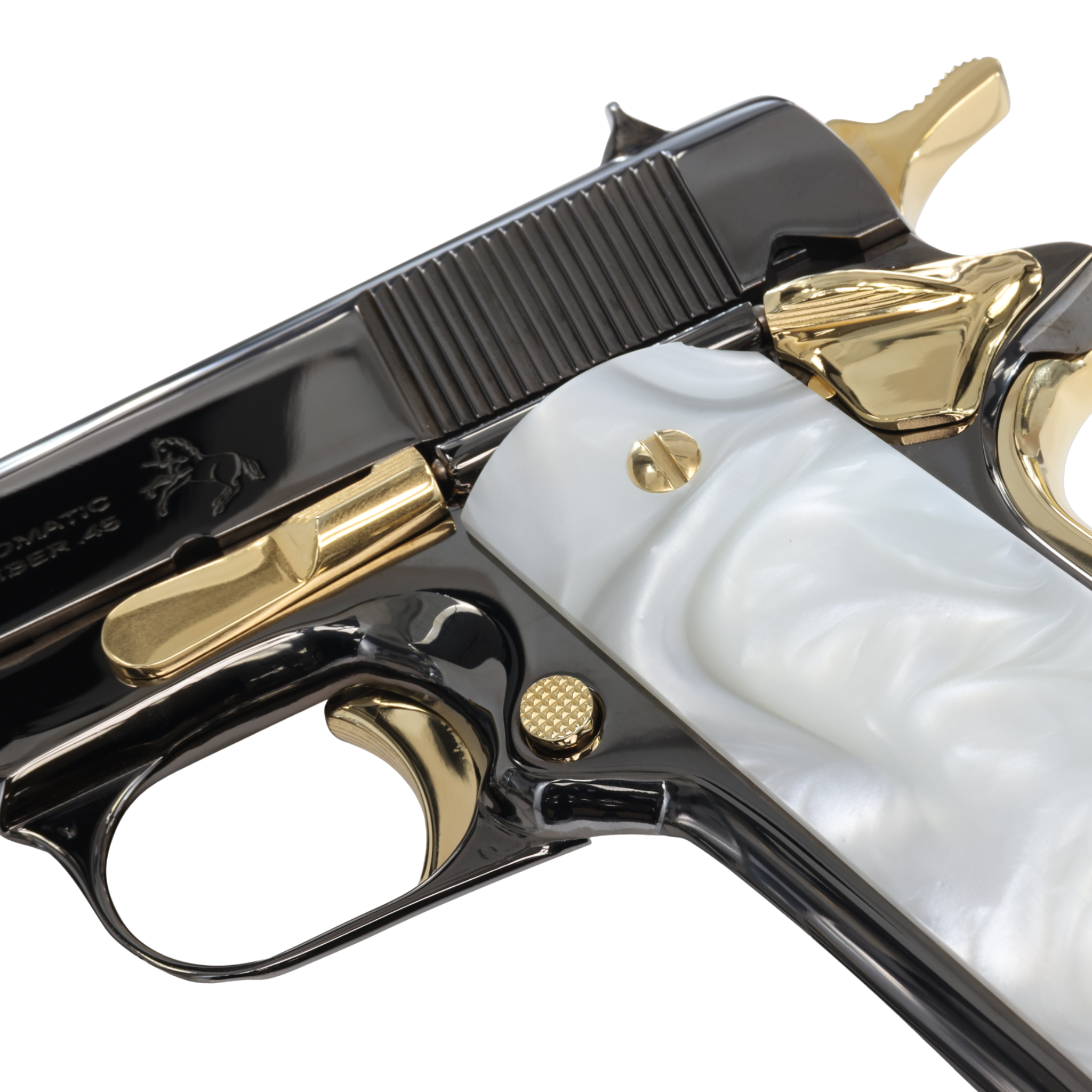 COLT 1911 Government, 45ACP, Mirror Finish Black Chrome with 24K Gold Plated Accents, White Pearlized-Polymer Grips - Image 5