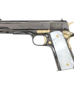COLT 1911 Government, 45ACP, Mirror Finish Black Chrome with 24K Gold Plated Accents, White Pearlized-Polymer Grips