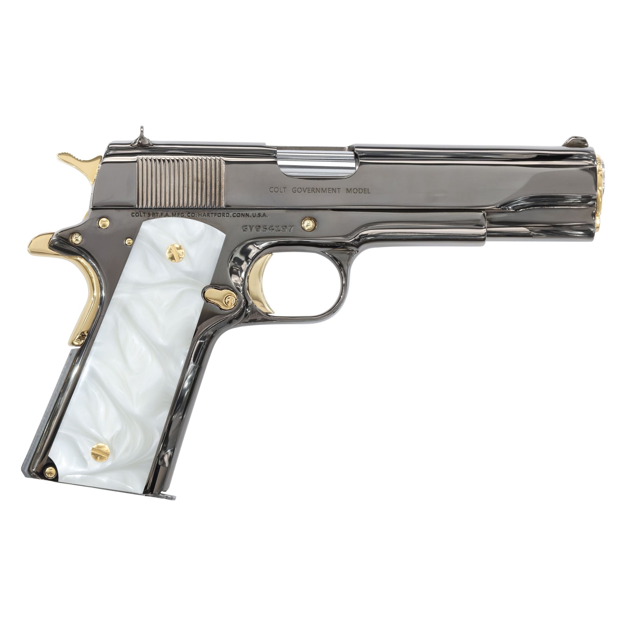 COLT 1911 Government, 45ACP, Mirror Finish Black Chrome with 24K Gold Plated Accents, White Pearlized-Polymer Grips - Image 2
