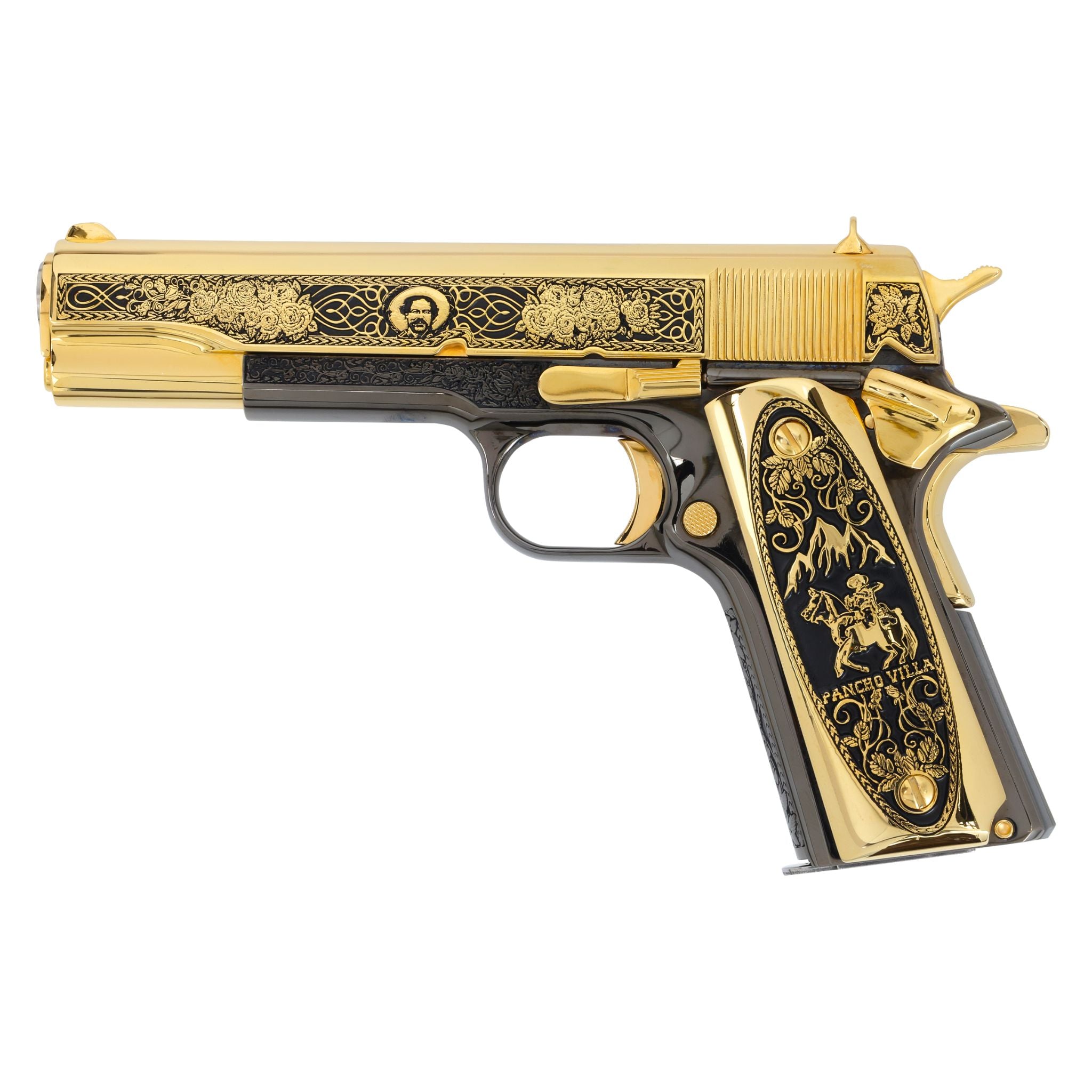 Colt 1911 Government .45 ACP Pancho Villa in 24K Gold Plated & Black Chrome Frame Finishing