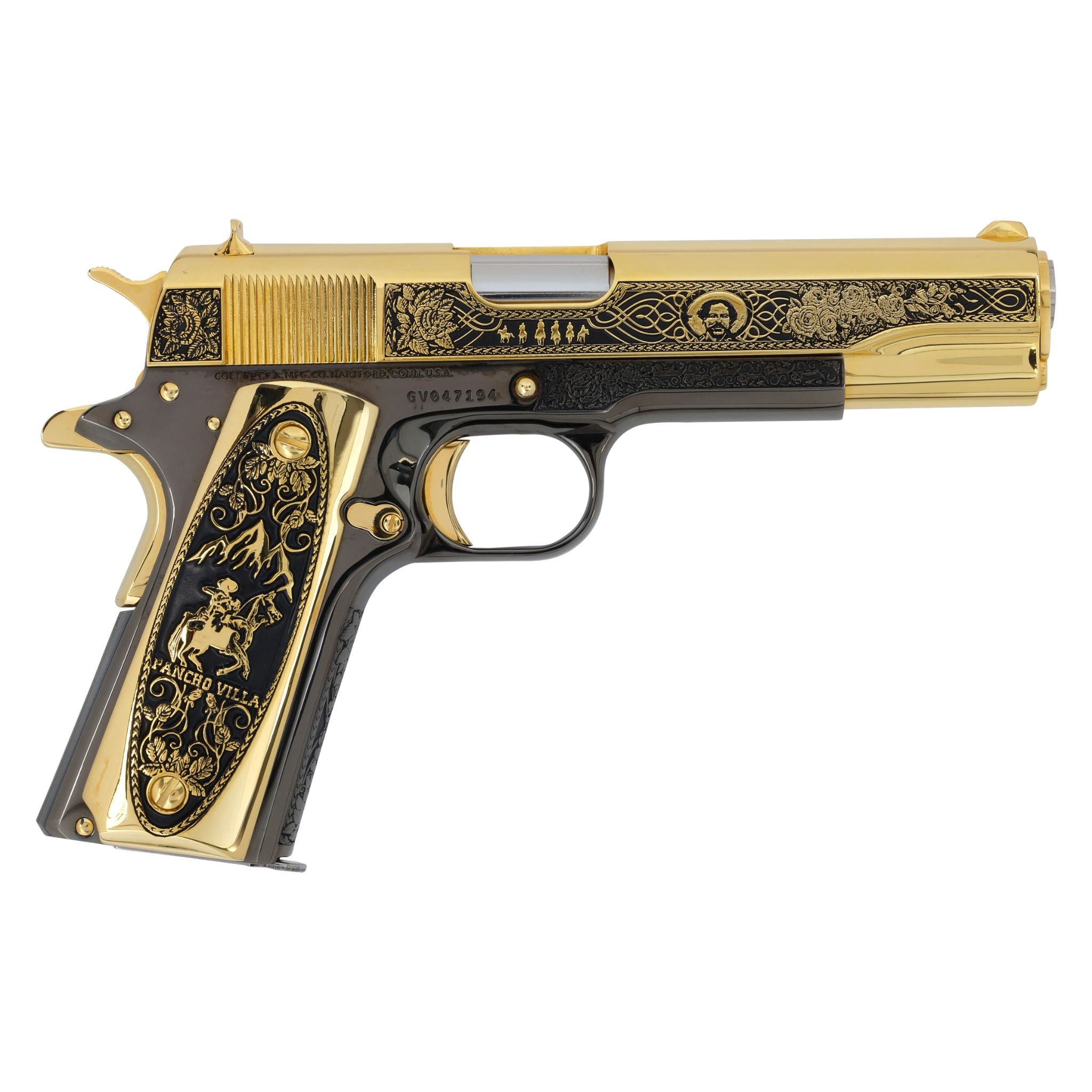 Colt 1911 Government .45 ACP Pancho Villa in 24K Gold Plated & Black Chrome Frame Finishing - Image 2