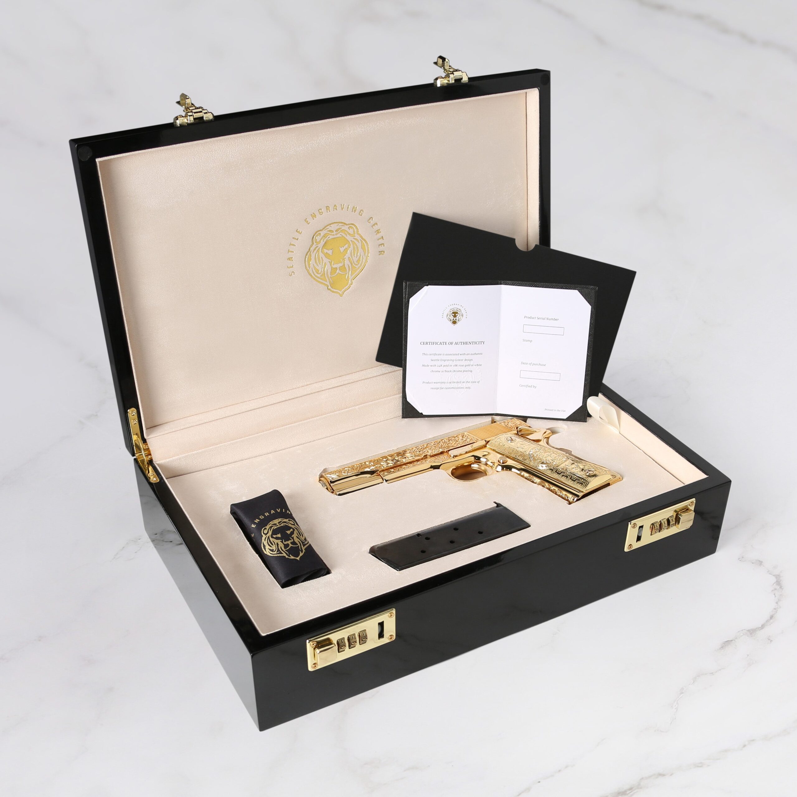 1911 Colt Competition 45 ACP, Scroll Design, 18K Rose Gold Plated & Black Chrome - Gold Sight - Image 6