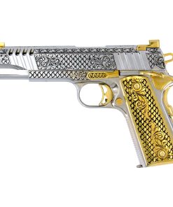 Auto Ordnance 1911, 45 ACP, Engraved In High Polish White Chrome, with 24 karat Gold Plated Accents