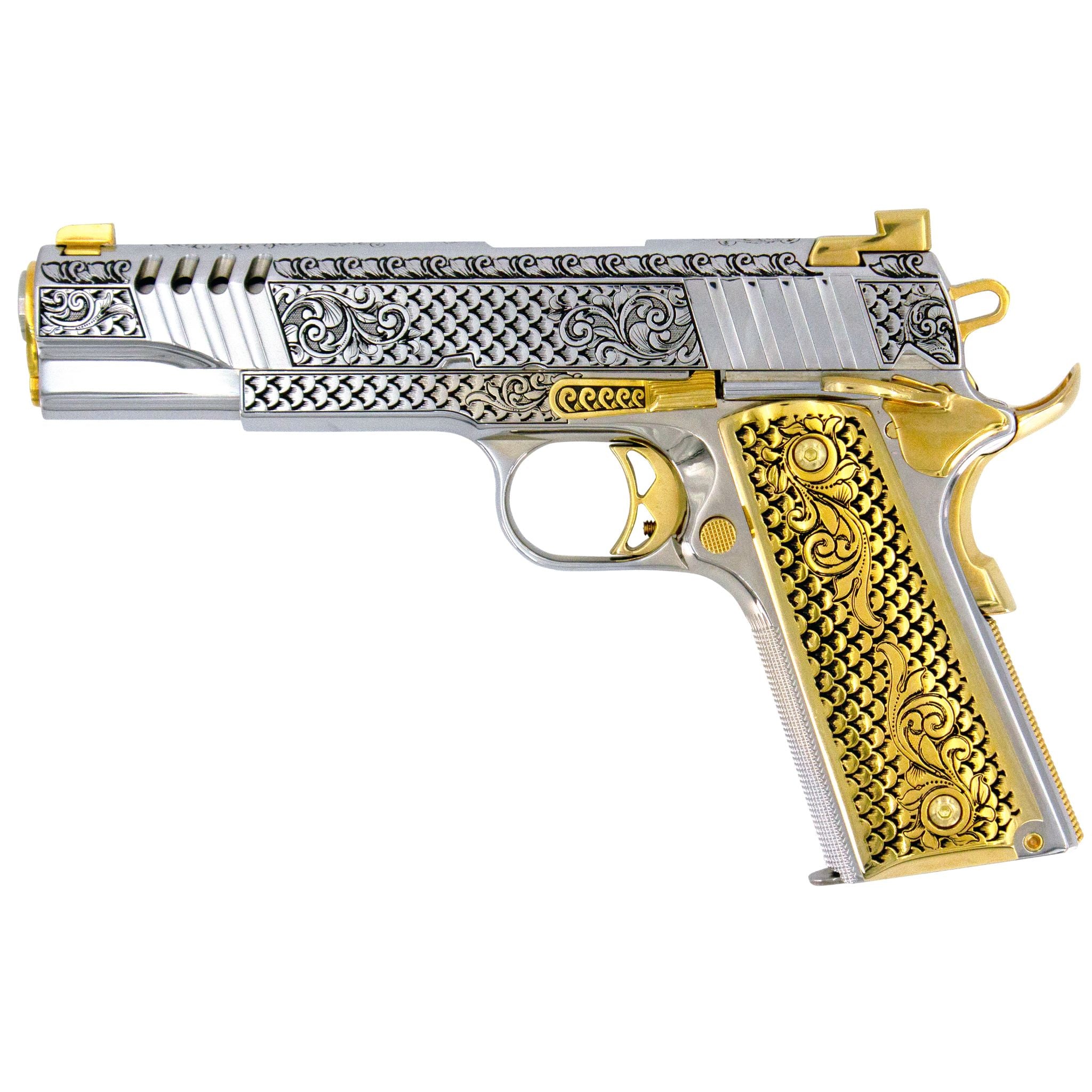 Auto Ordnance 1911, 45 ACP, Engraved In High Polish White Chrome, with 24 karat Gold Plated Accents