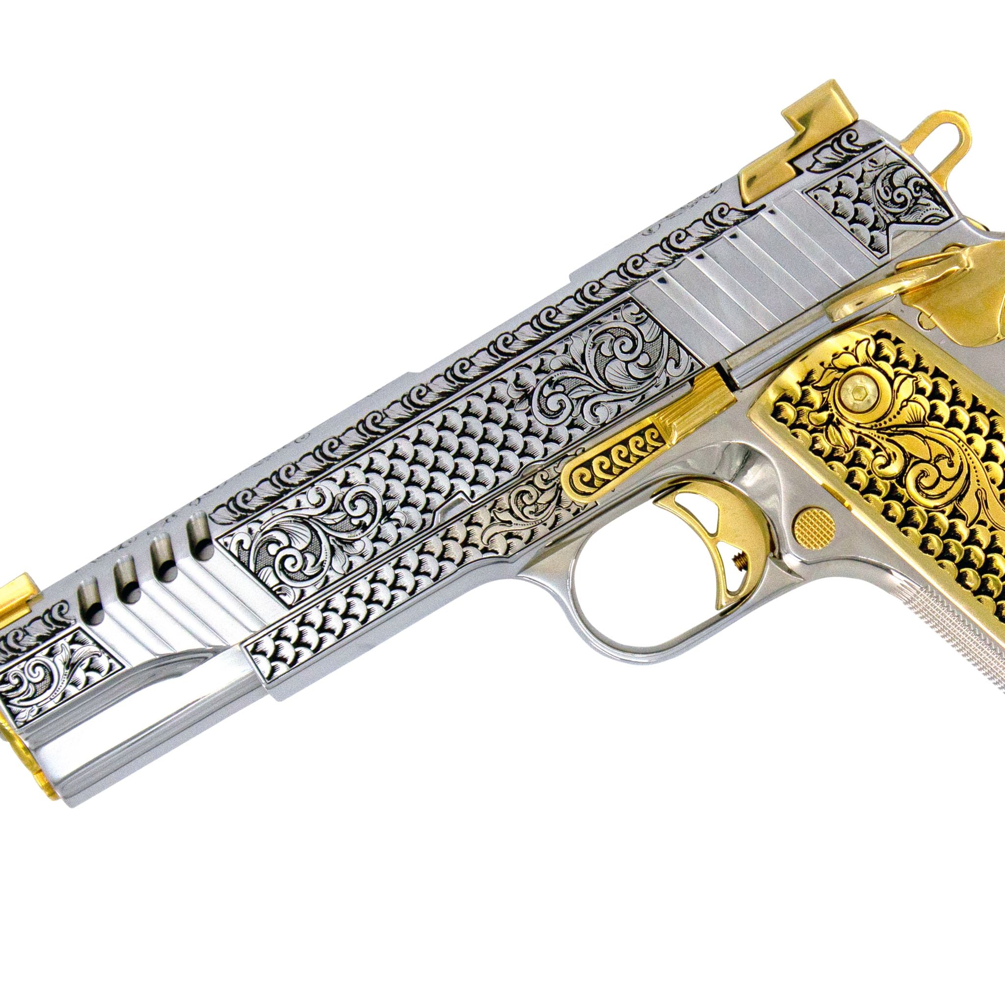 Auto Ordnance 1911, 45 ACP, Engraved In High Polish White Chrome, with 24 karat Gold Plated Accents - Image 2