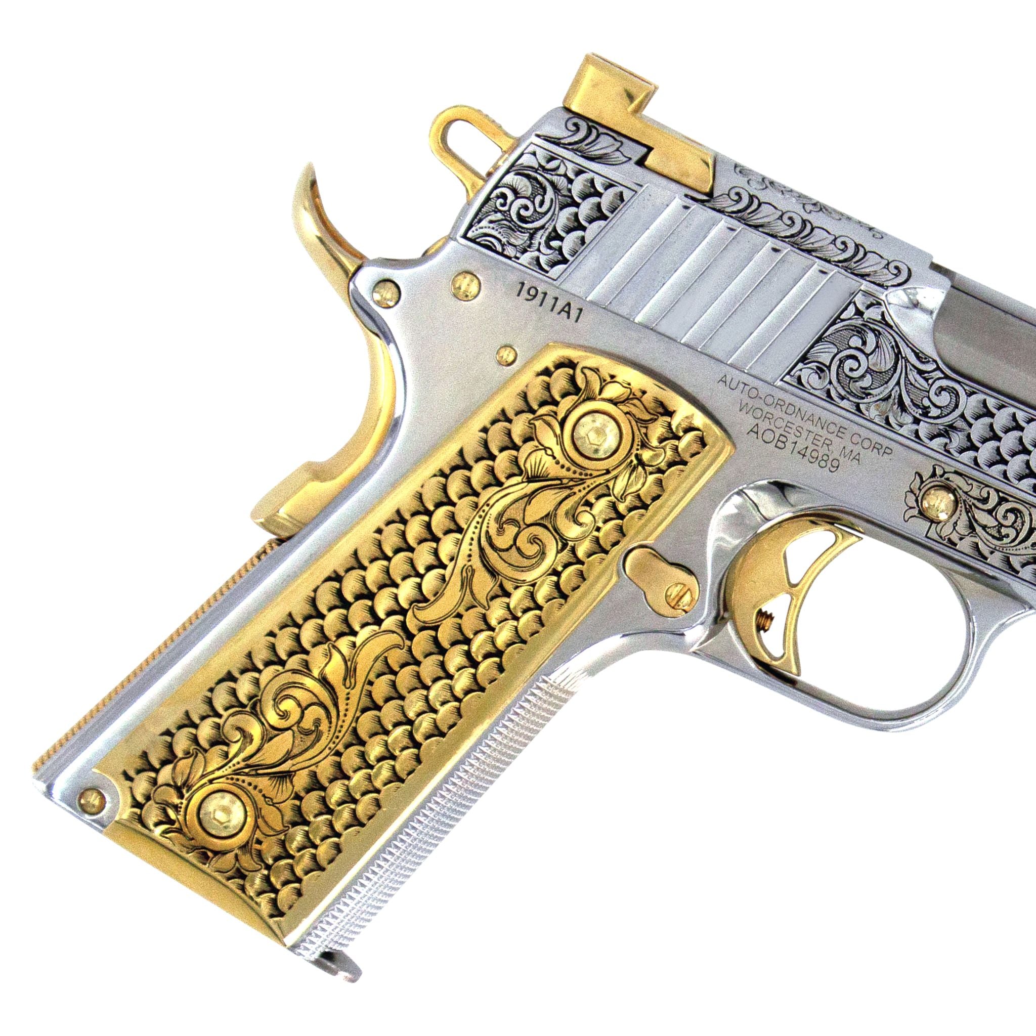 Auto Ordnance 1911, 45 ACP, Engraved In High Polish White Chrome, with 24 karat Gold Plated Accents - Image 3