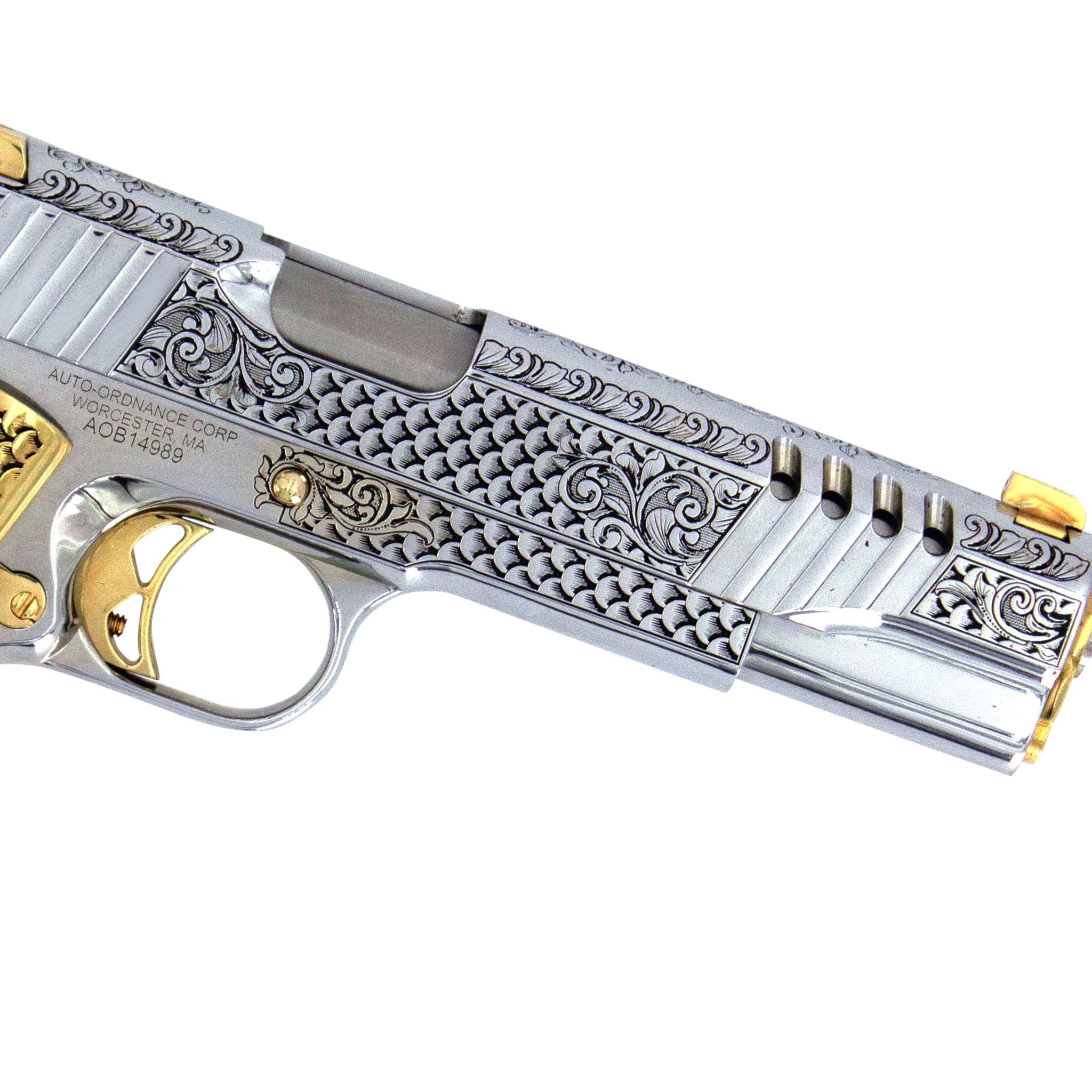 Auto Ordnance 1911, 45 ACP, Engraved In High Polish White Chrome, with 24 karat Gold Plated Accents - Image 4