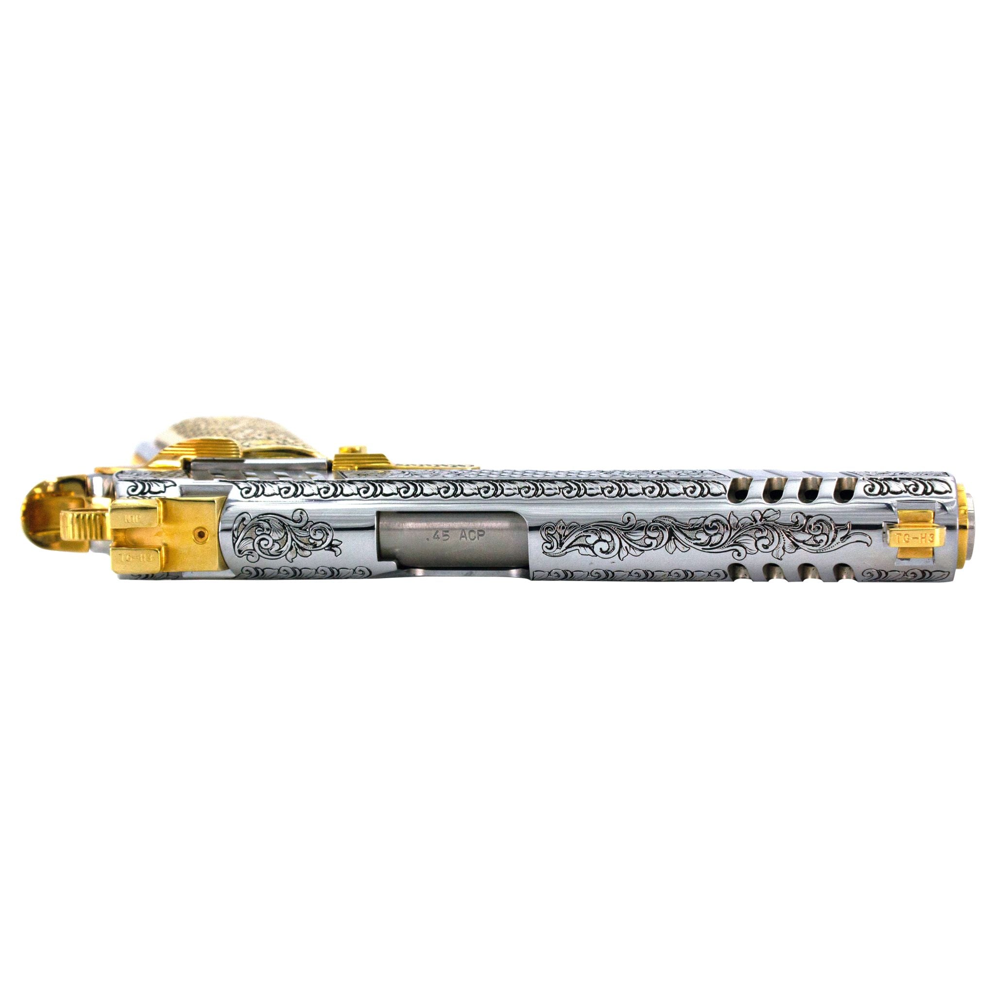 Auto Ordnance 1911, 45 ACP, Engraved In High Polish White Chrome, with 24 karat Gold Plated Accents - Image 5