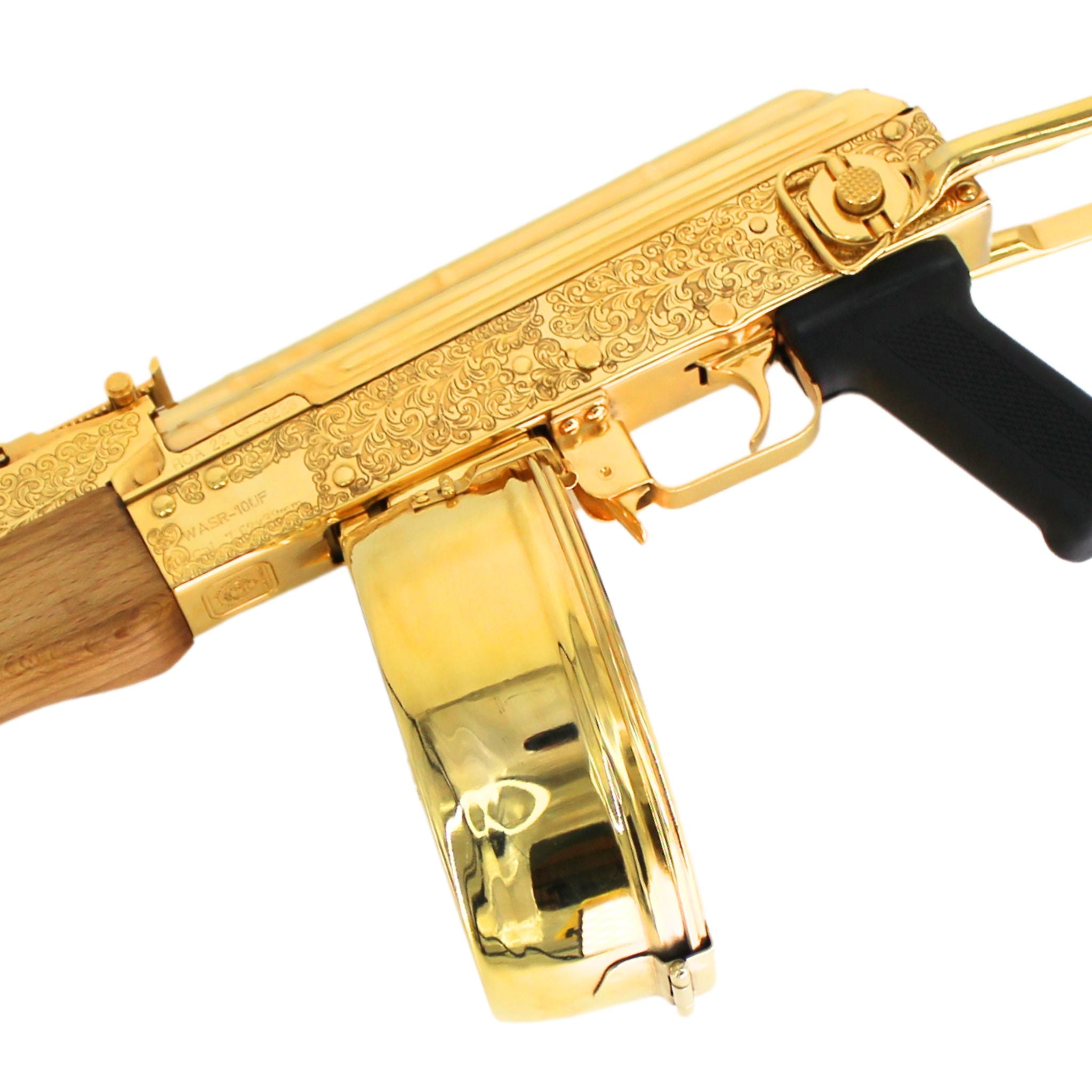 AK 47 Century Arms Underfolder, 7.62x39mm,Engraved, 24 karat Gold Plated, w 24k Gold Plated Drum Magazine - Image 2
