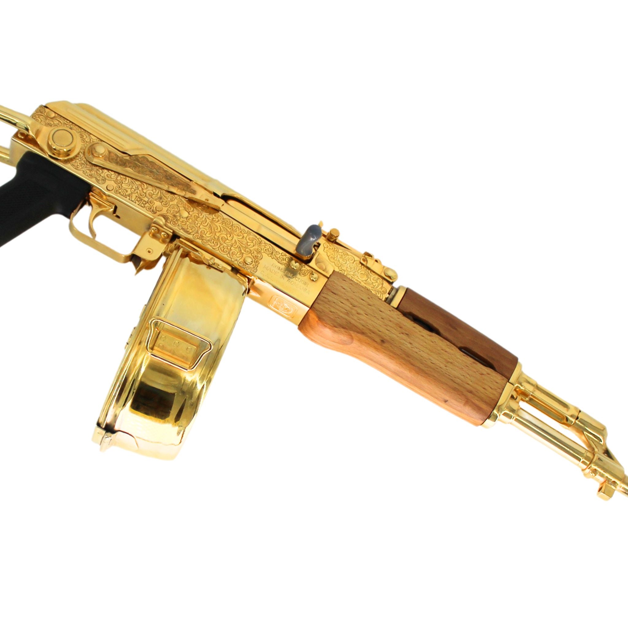 AK 47 Century Arms Underfolder, 7.62x39mm,Engraved, 24 karat Gold Plated, w 24k Gold Plated Drum Magazine - Image 4