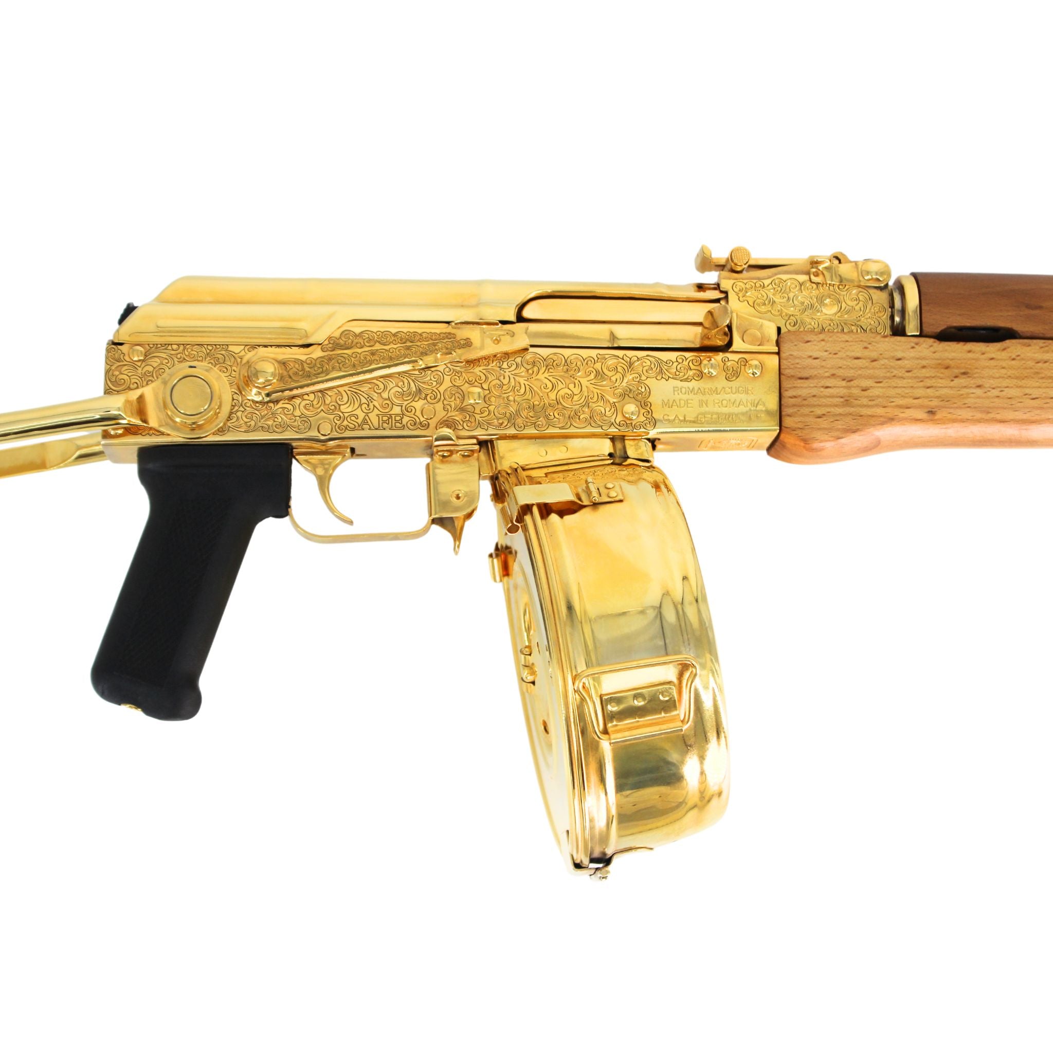 AK 47 Century Arms Underfolder, 7.62x39mm,Engraved, 24 karat Gold Plated, w 24k Gold Plated Drum Magazine - Image 5