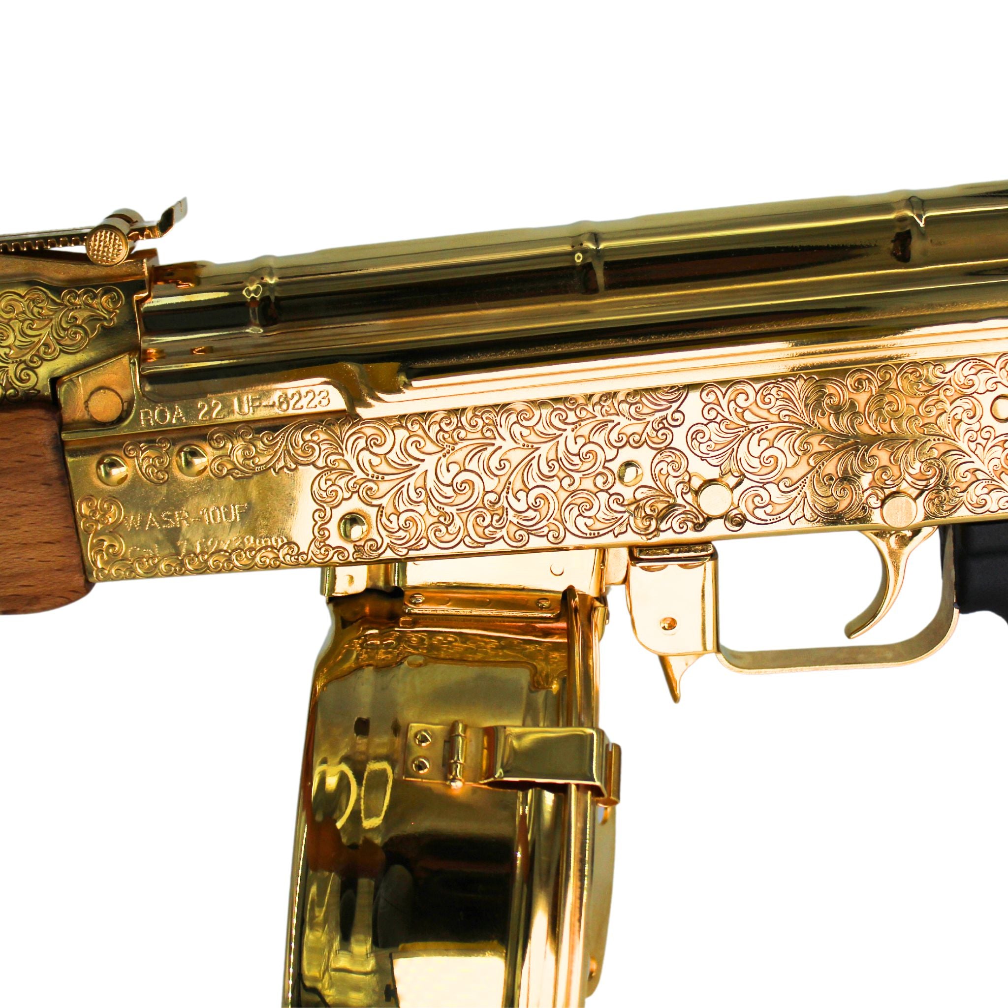 AK 47 Century Arms Underfolder, 7.62x39mm,Engraved, 24 karat Gold Plated, w 24k Gold Plated Drum Magazine - Image 6