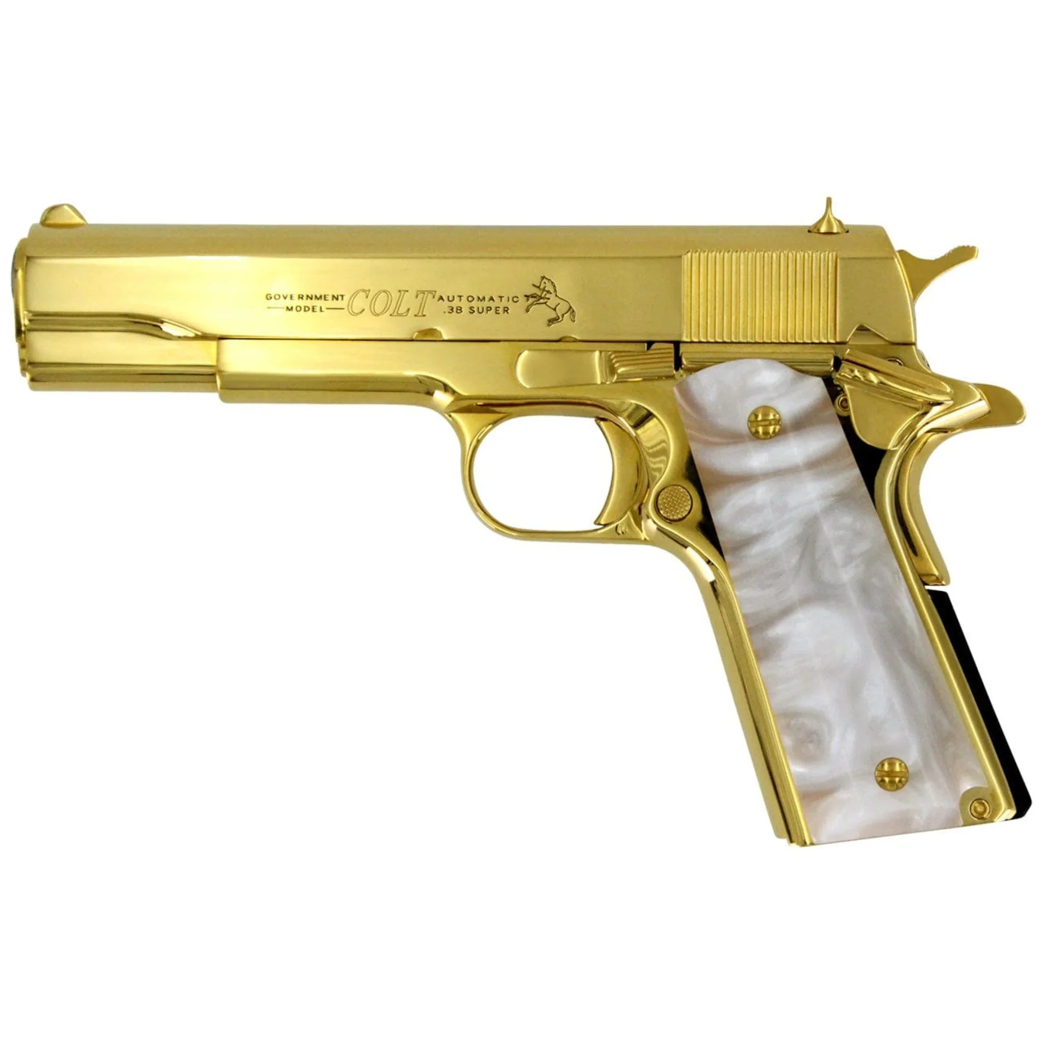 Colt 1911 Government, 38 Super, 24K All Gold Plated, Hogue White Grips