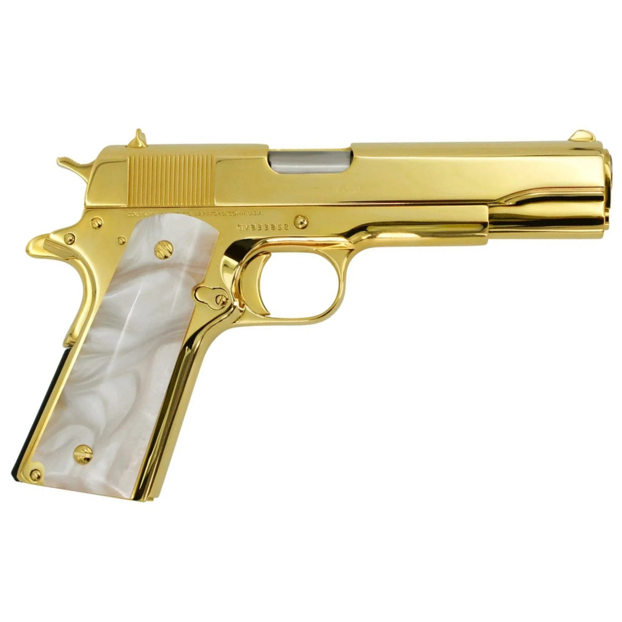 Colt 1911 Government, 38 Super, 24K All Gold Plated, Hogue White Grips - Image 2