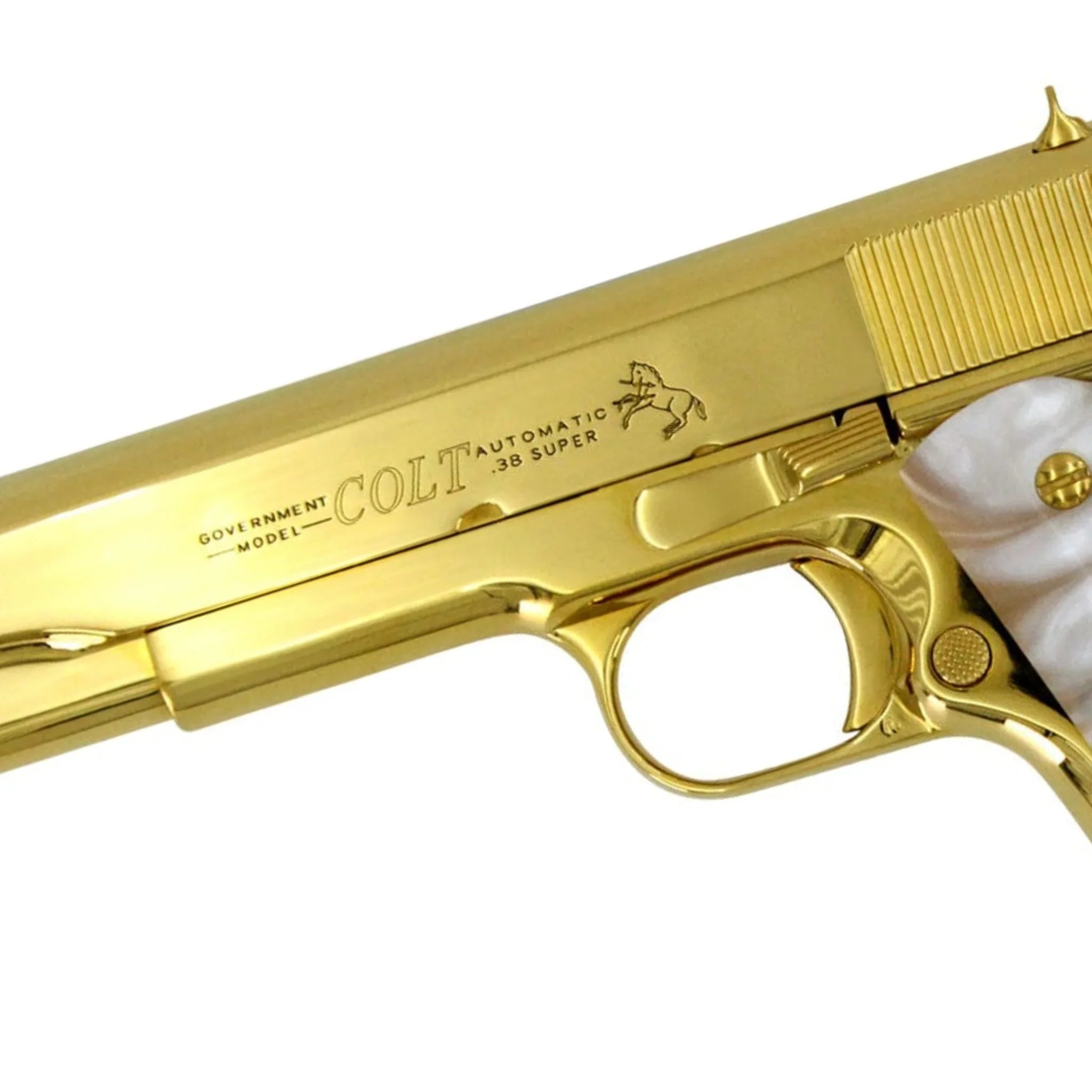 Colt 1911 Government, 38 Super, 24K All Gold Plated, Hogue White Grips - Image 3