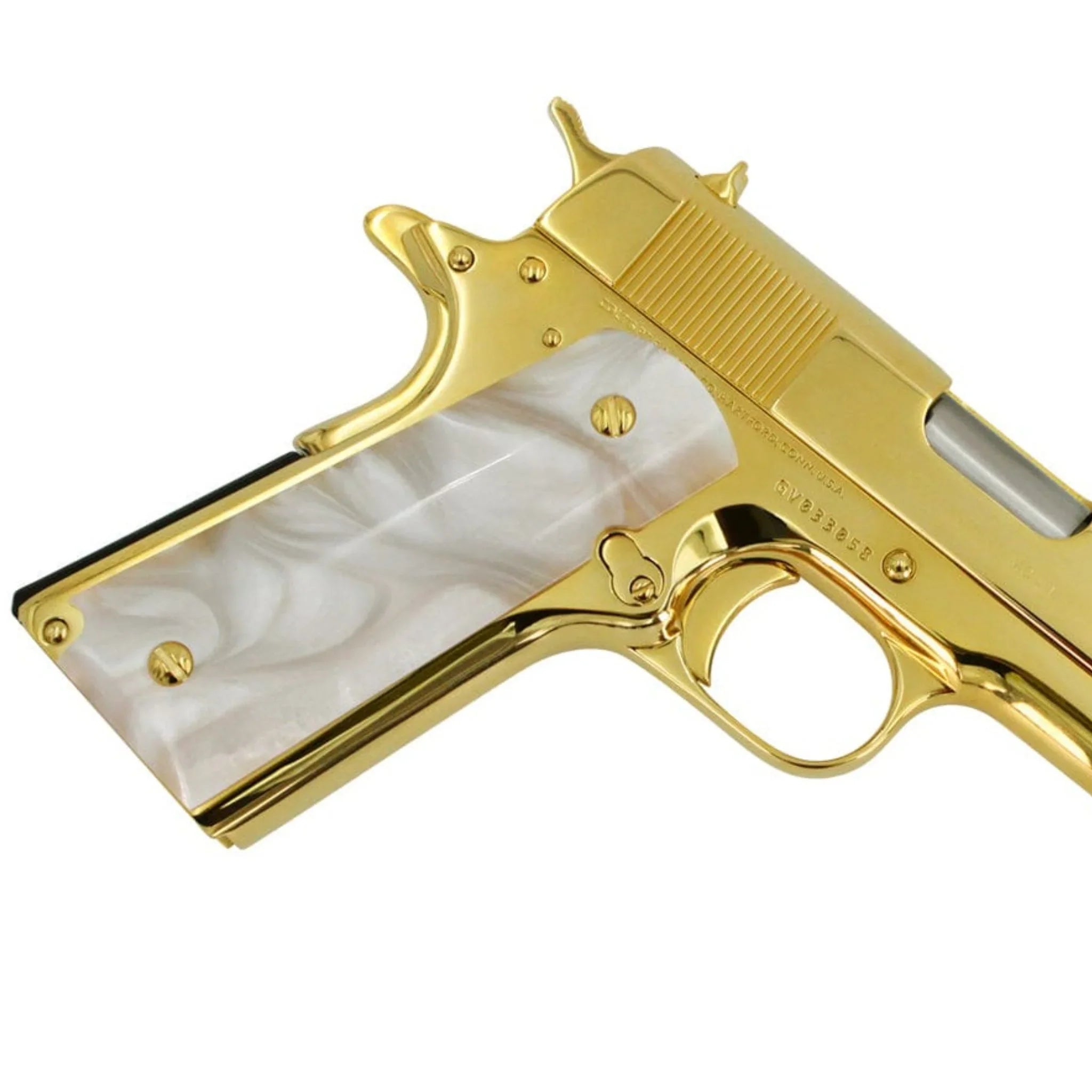 Colt 1911 Government, 38 Super, 24K All Gold Plated, Hogue White Grips - Image 4