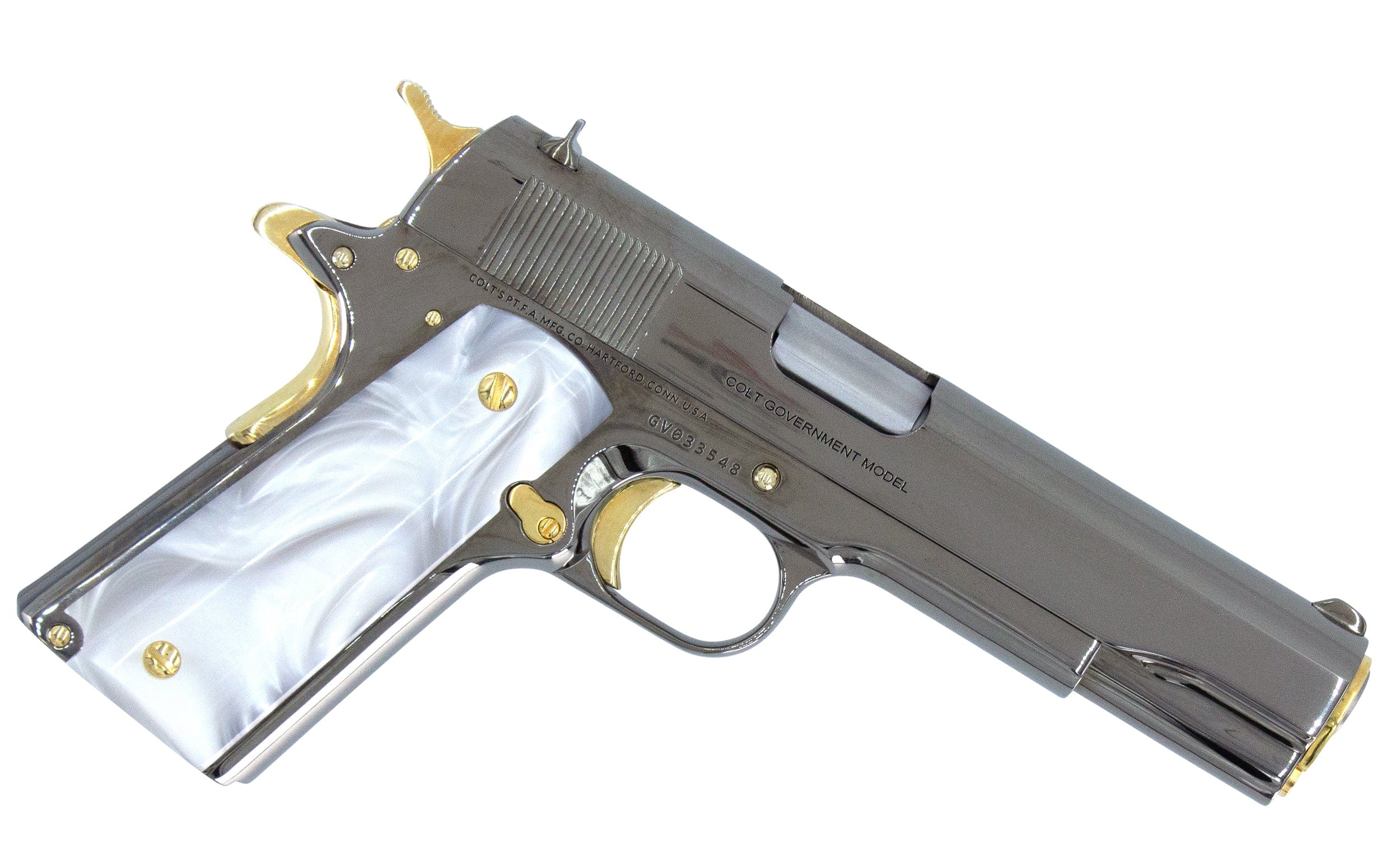 COLT 1911 Government, 38 Super, Mirror Finish Black Chrome Plated with 24K Gold Plated Accents - Image 3