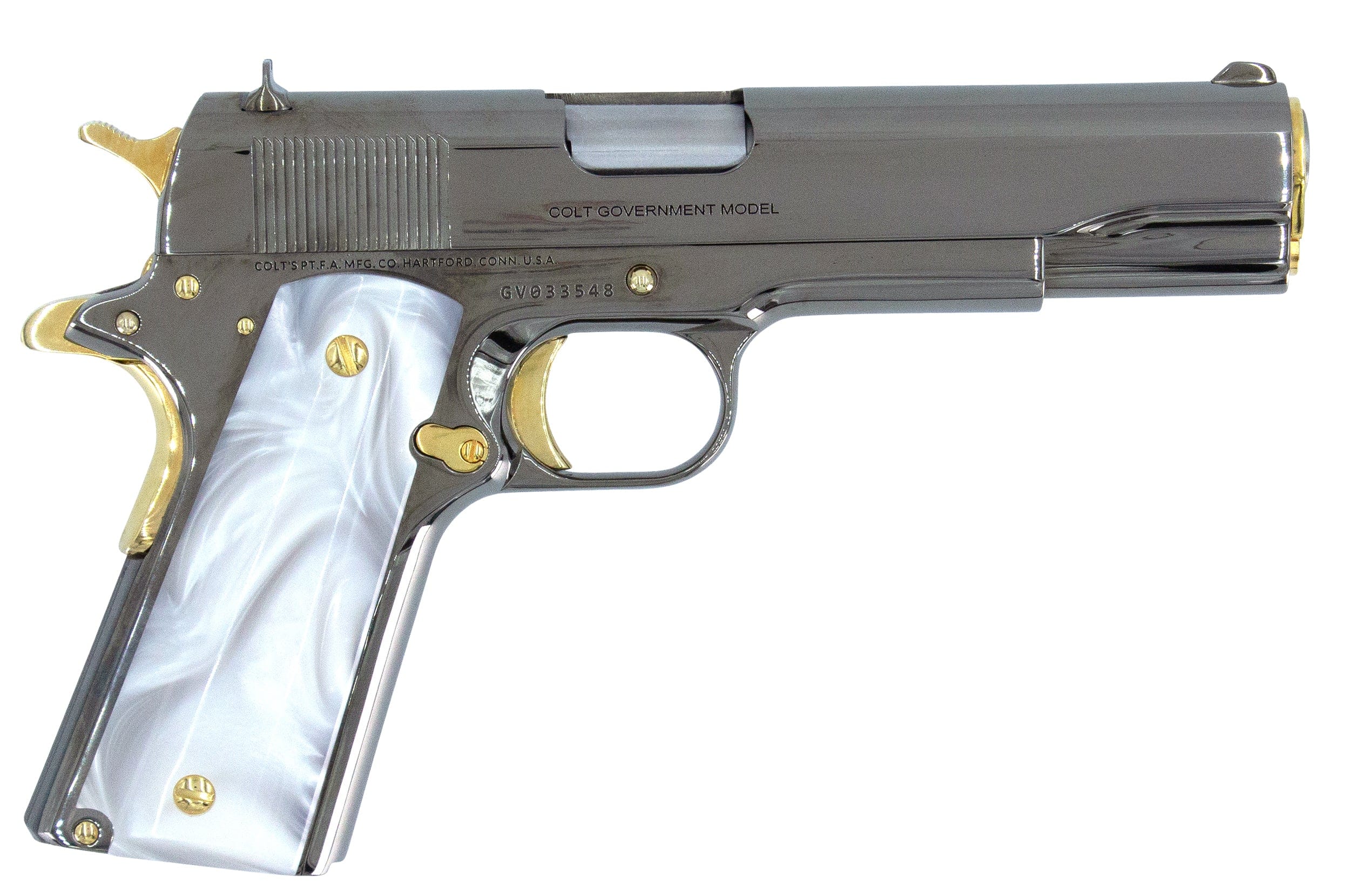 COLT 1911 Government, 38 Super, Mirror Finish Black Chrome Plated with 24K Gold Plated Accents - Image 2