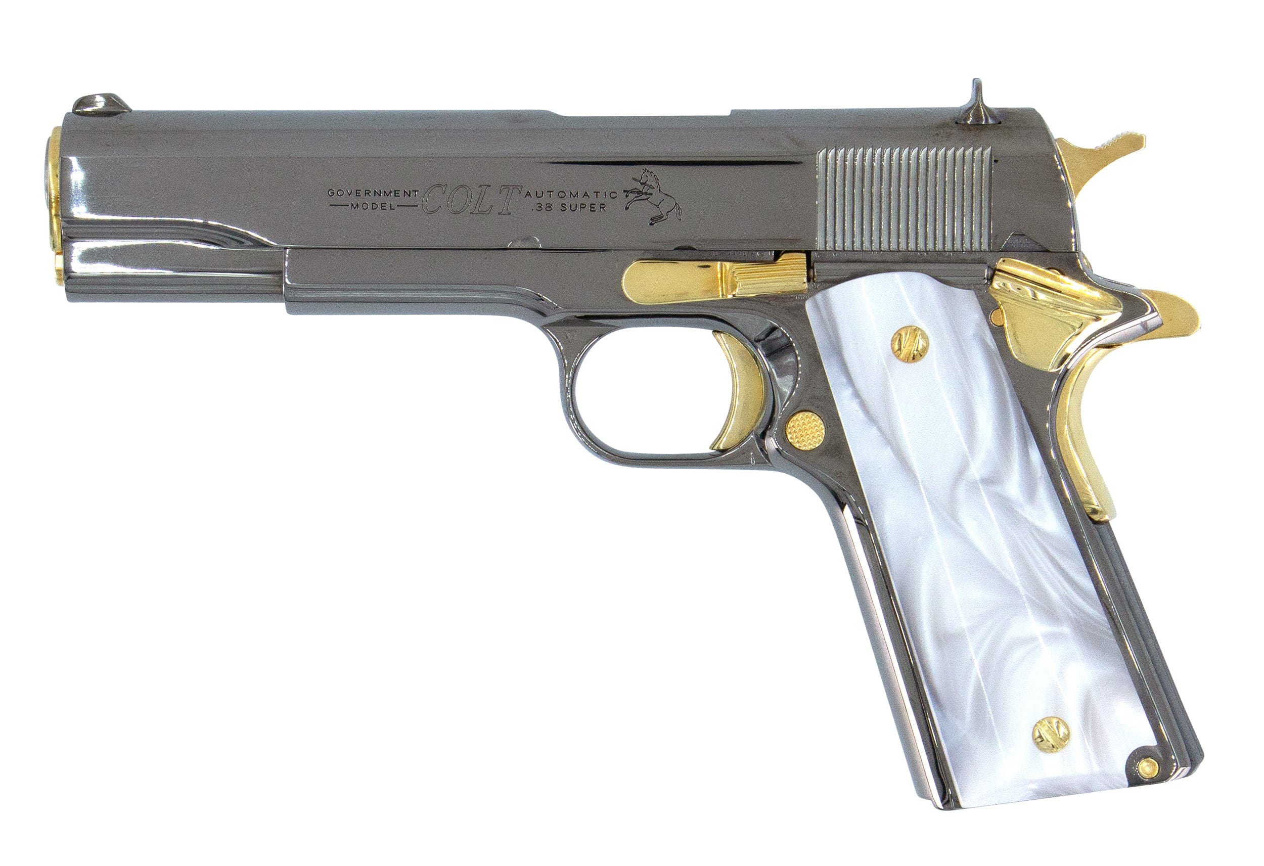 COLT 1911 Government, 38 Super, Mirror Finish Black Chrome Plated with 24K Gold Plated Accents