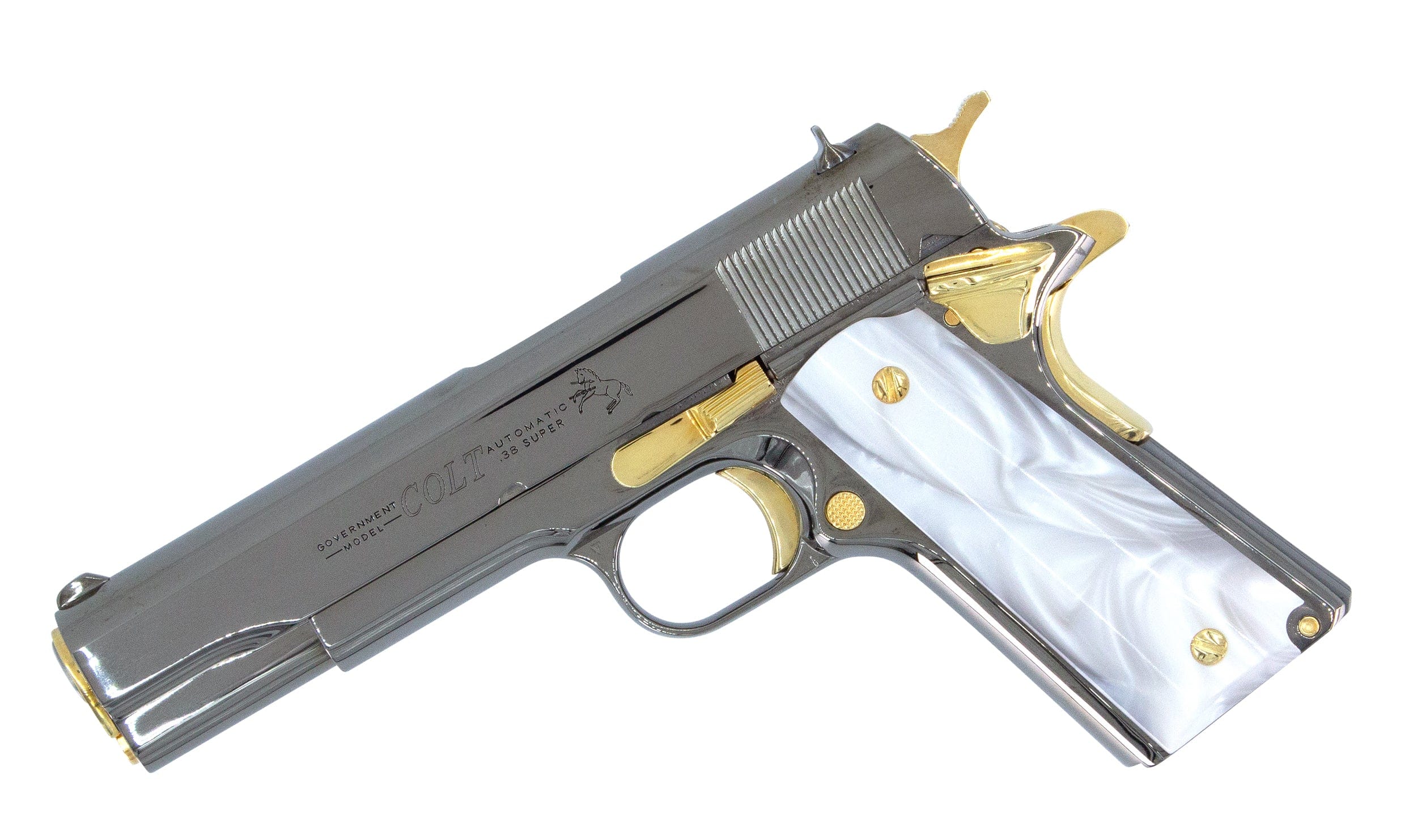 COLT 1911 Government, 38 Super, Mirror Finish Black Chrome Plated with 24K Gold Plated Accents - Image 4