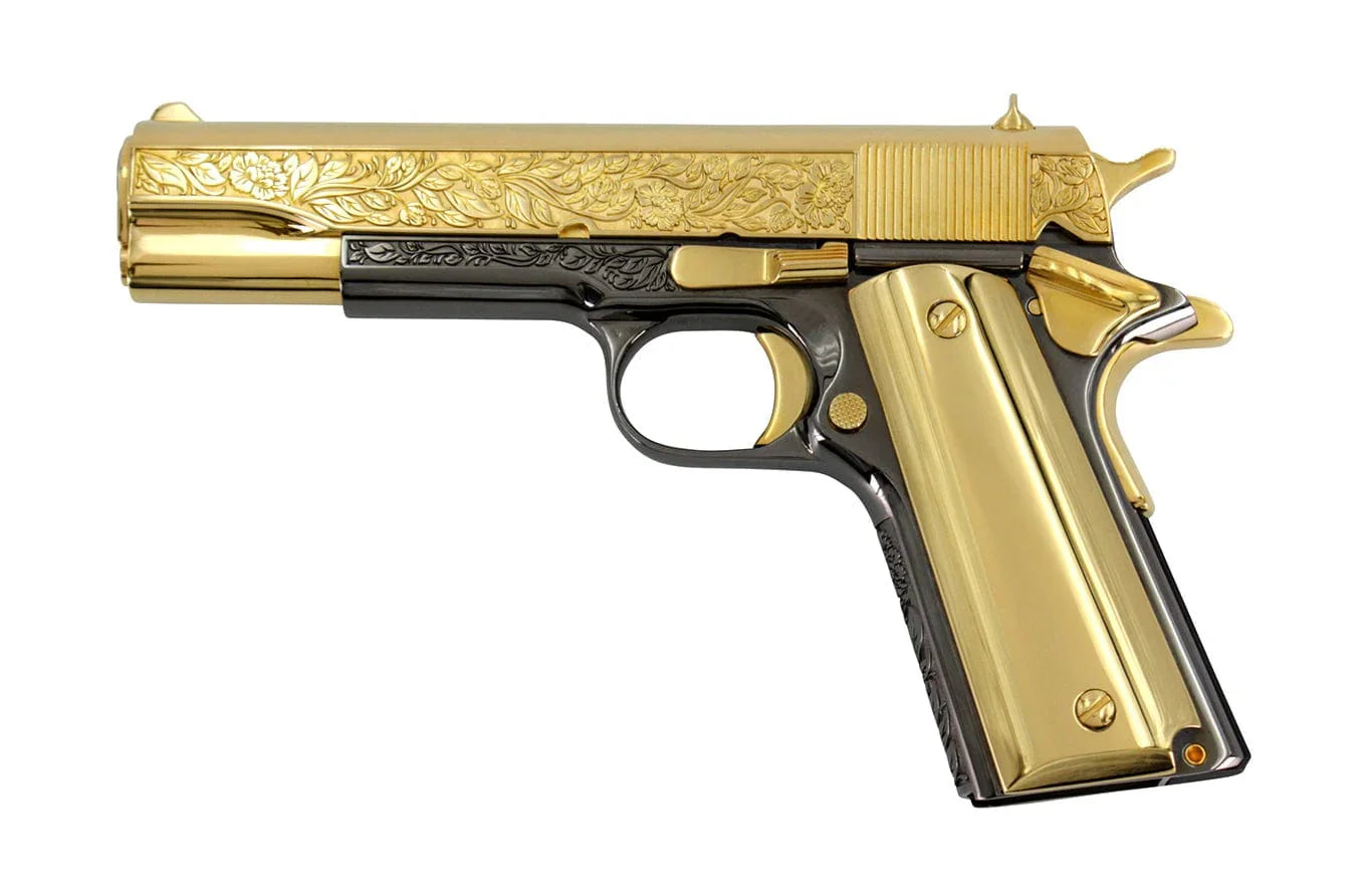 Colt 1911 Government, 45ACP, Italian Renaissance, 24K Gold Plated Slide & Accents with a Black Chrome Finish