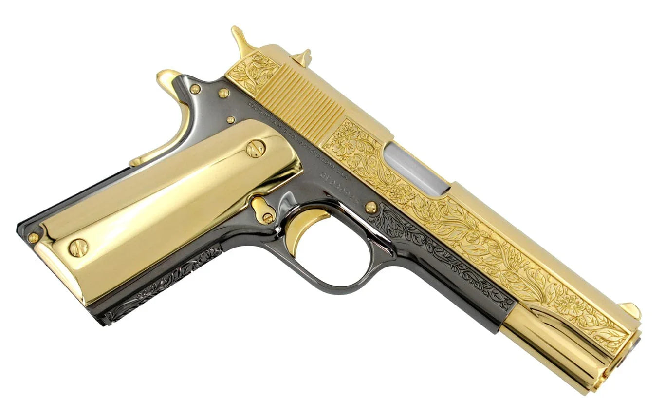 Colt 1911 Government, 45ACP, Italian Renaissance, 24K Gold Plated Slide & Accents with a Black Chrome Finish - Image 3