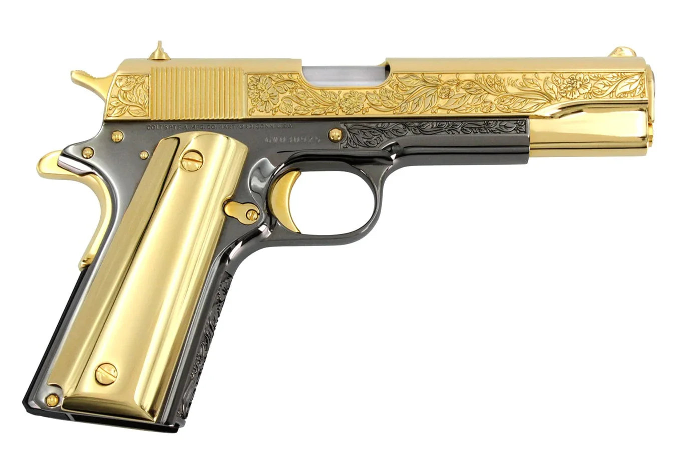 Colt 1911 Government, 45ACP, Italian Renaissance, 24K Gold Plated Slide & Accents with a Black Chrome Finish - Image 2